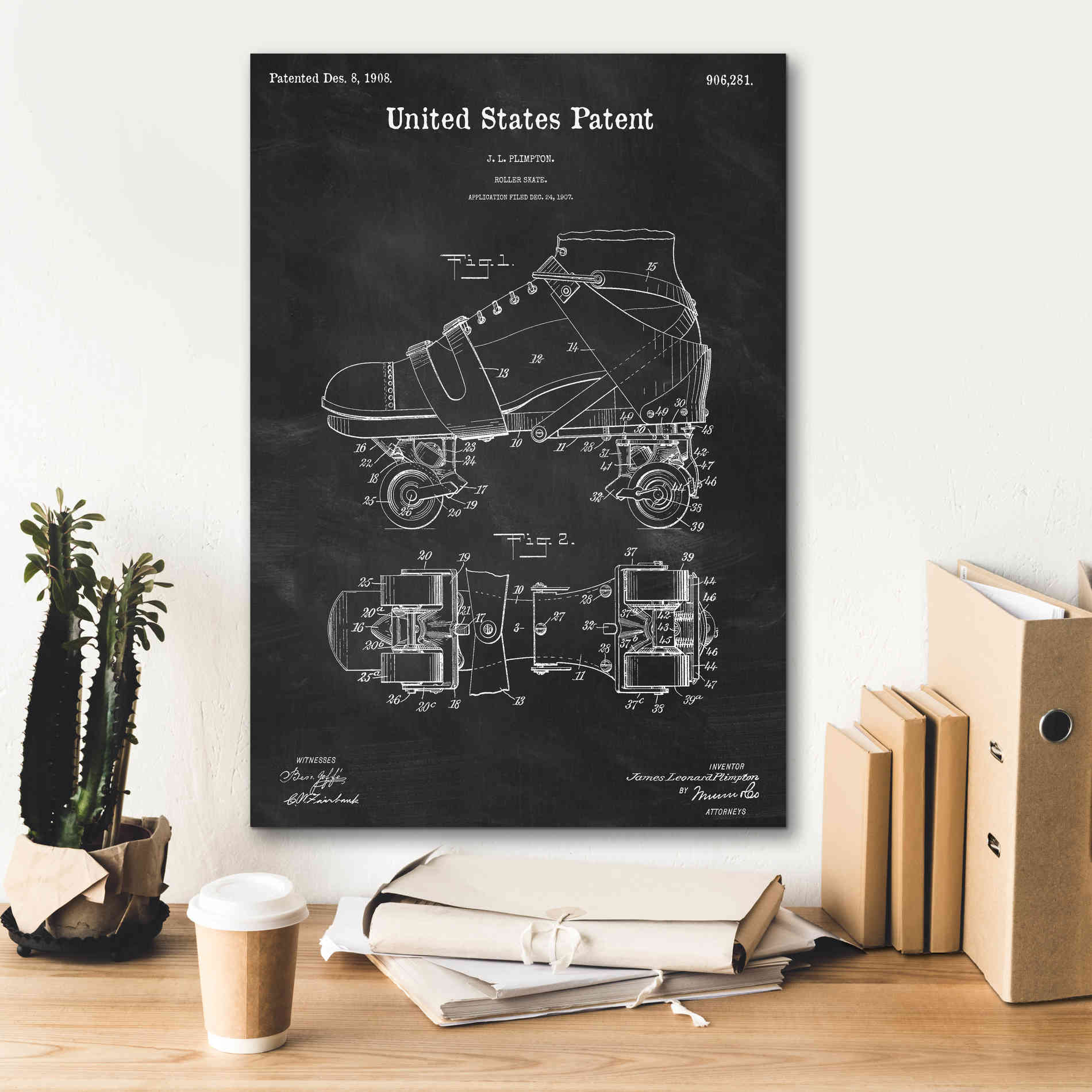 'Roller Skate Blueprint Patent Chalkboard,' Canvas Wall Art,18 x 26