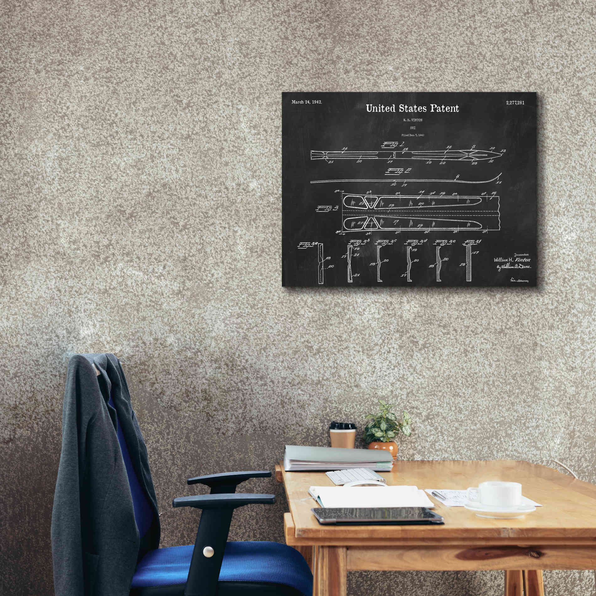 'Ski Blueprint Patent Chalkboard,' Canvas Wall Art,34 x 26
