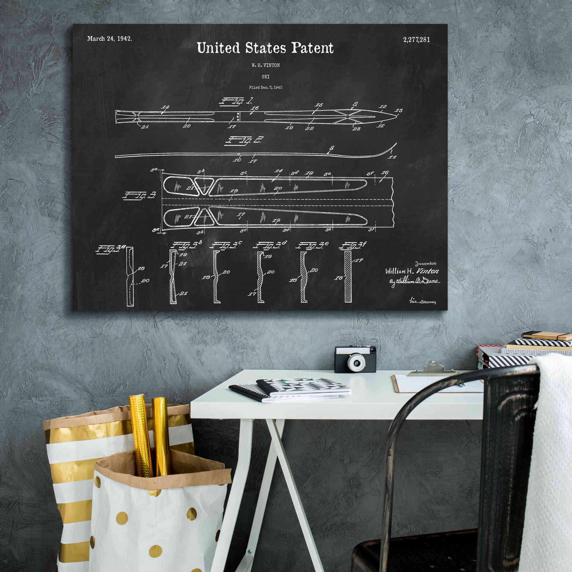 'Ski Blueprint Patent Chalkboard,' Canvas Wall Art,34 x 26