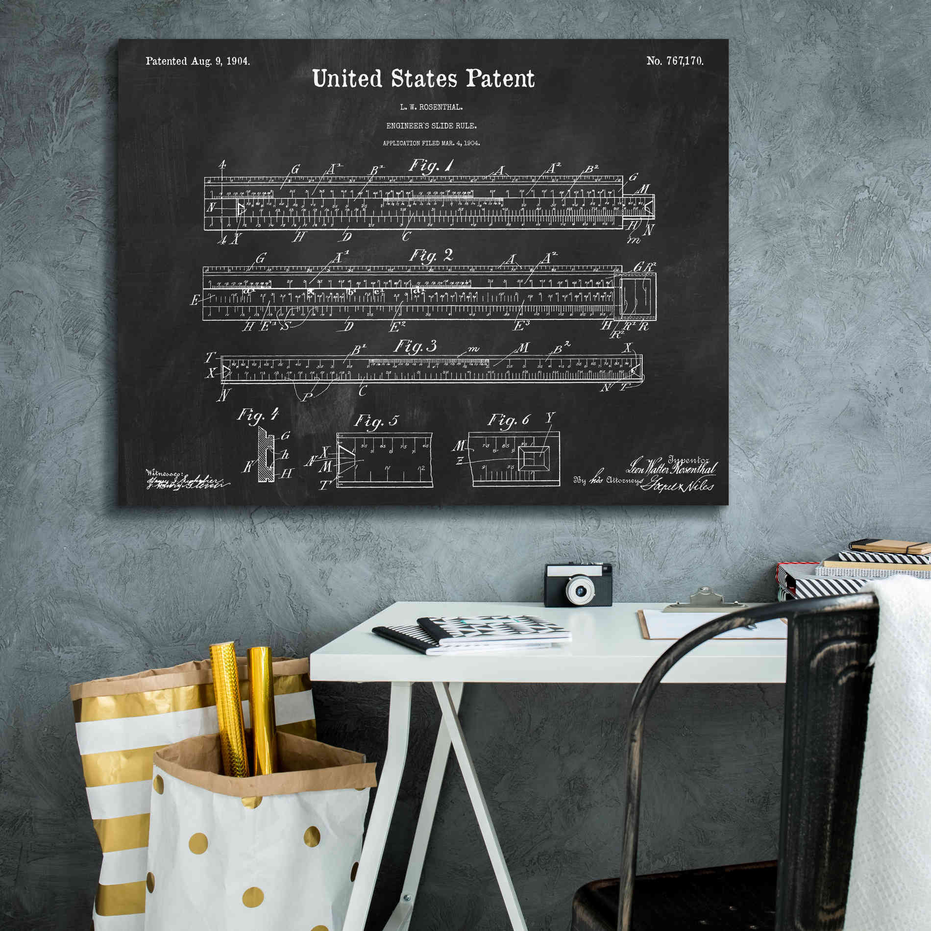 'Slide Rule Blueprint Patent Chalkboard,' Canvas Wall Art,34 x 26