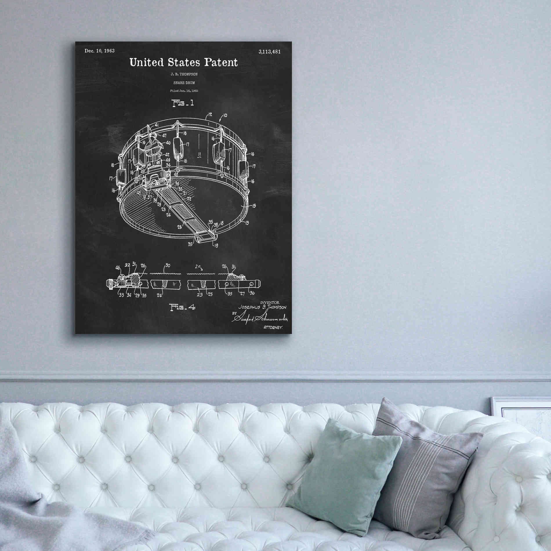 'Snare Drum Blueprint Patent Chalkboard,' Canvas Wall Art,40 x 54