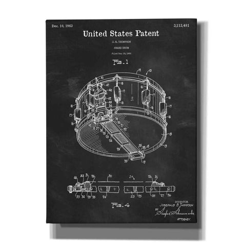 Image of 'Snare Drum Blueprint Patent Chalkboard,' Canvas Wall Art,12x16x1.1x0,18x26x1.1x0,26x34x1.74x0,40x54x1.74x0