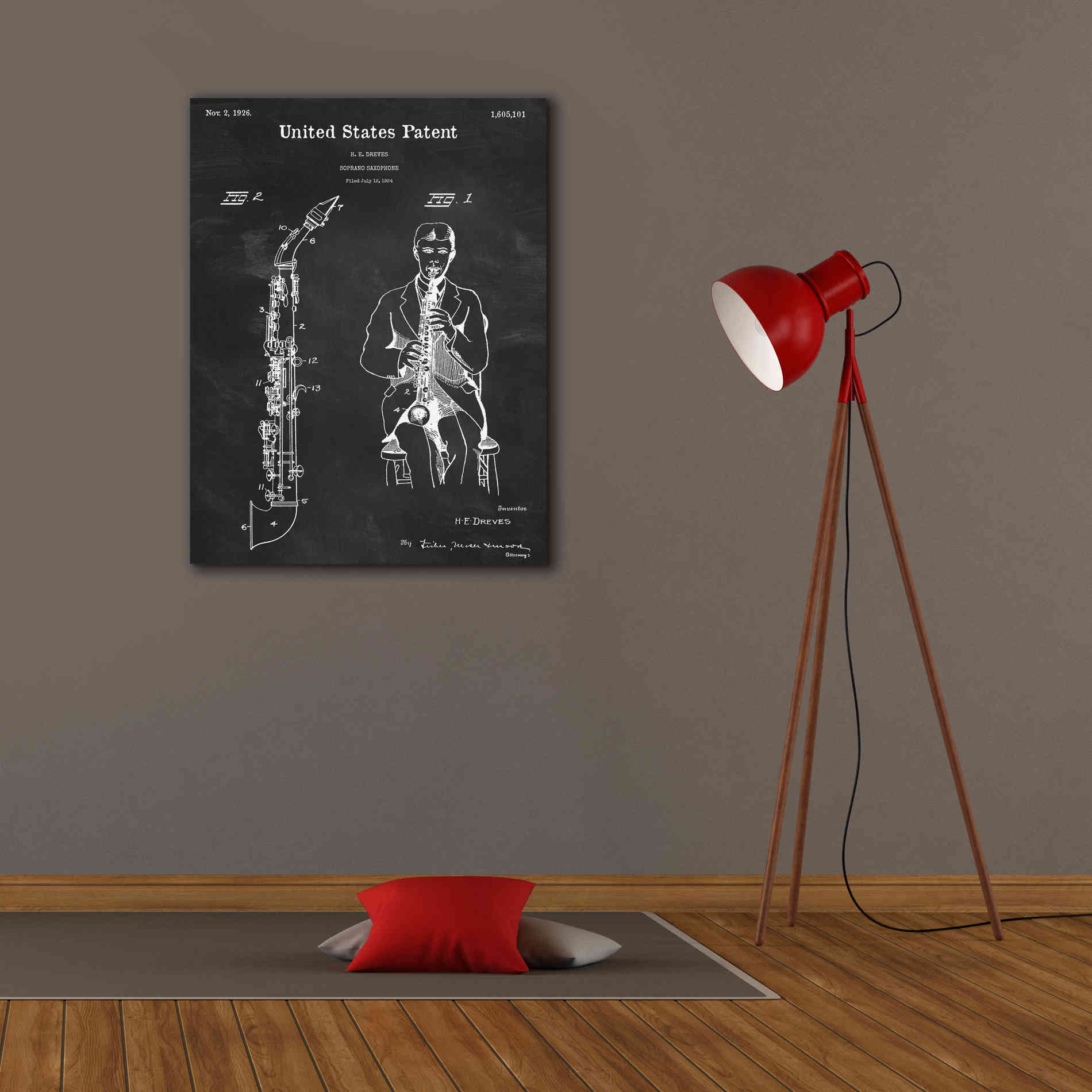 'Soprano Saxophone Blueprint Patent Chalkboard,' Canvas Wall Art,26 x 34