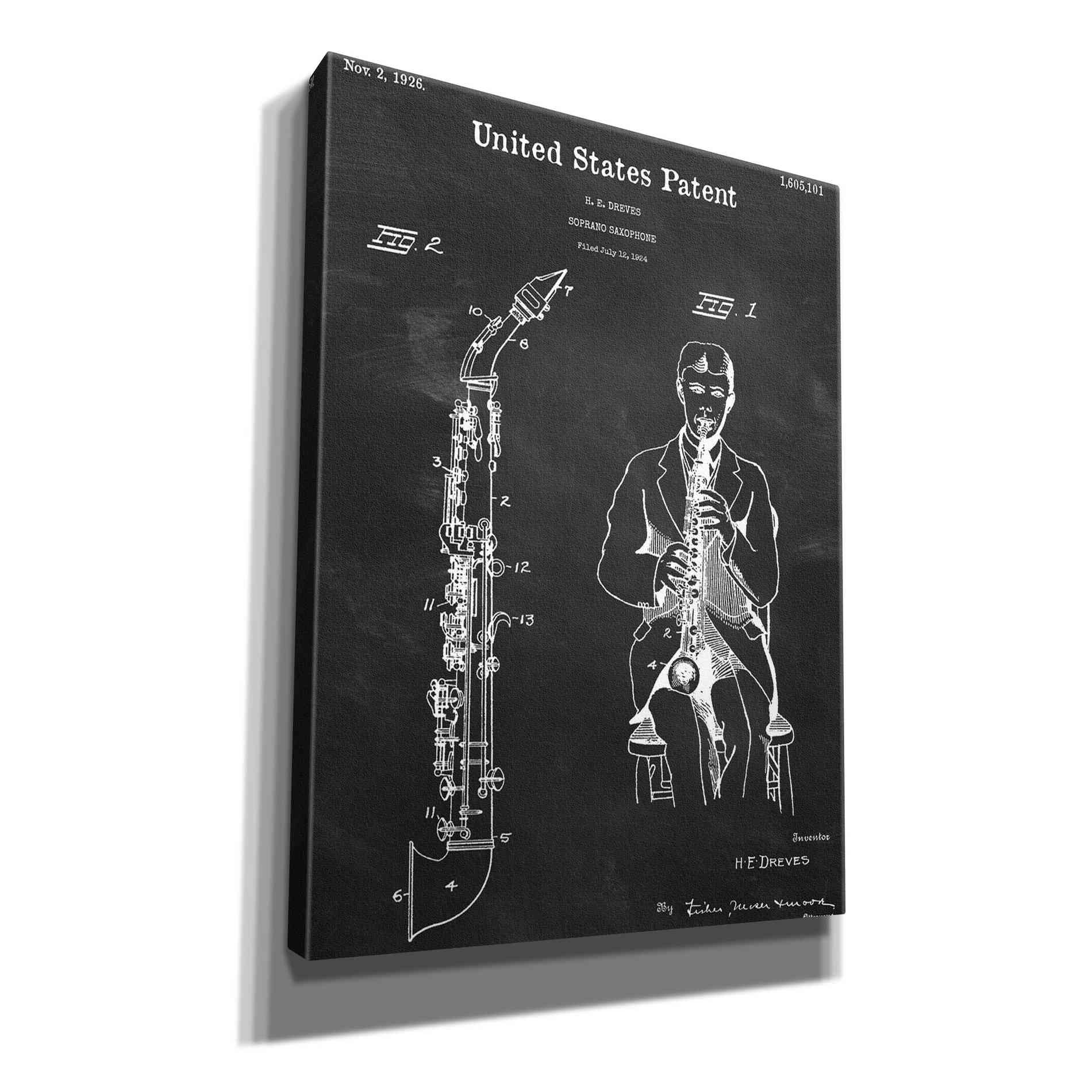 'Soprano Saxophone Blueprint Patent Chalkboard,' Canvas Wall Art,12x16x1.1x0,18x26x1.1x0,26x34x1.74x0,40x54x1.74x0