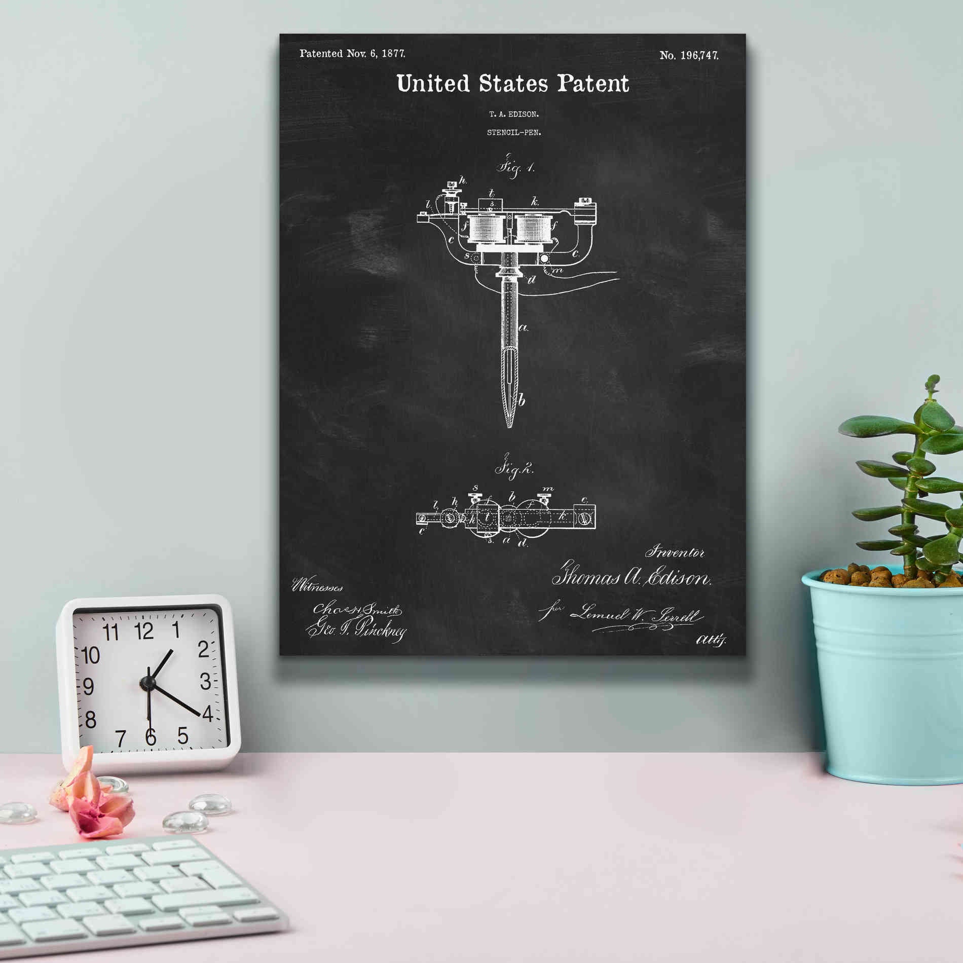'Tattoo Stencil Pen Blueprint Patent Chalkboard,' Canvas Wall Art,12 x 16