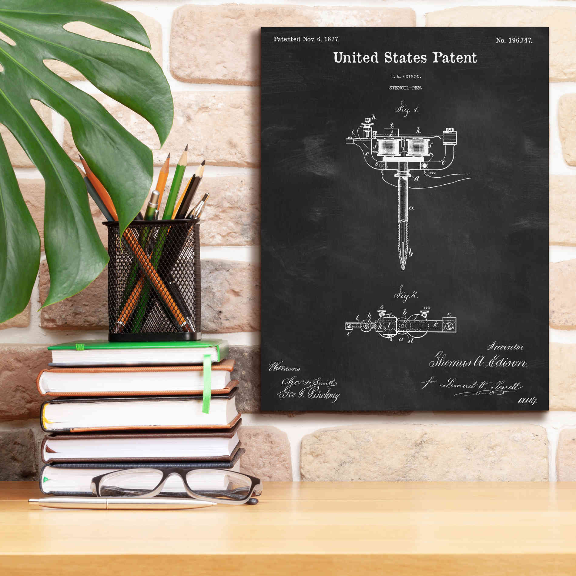 'Tattoo Stencil Pen Blueprint Patent Chalkboard,' Canvas Wall Art,12 x 16