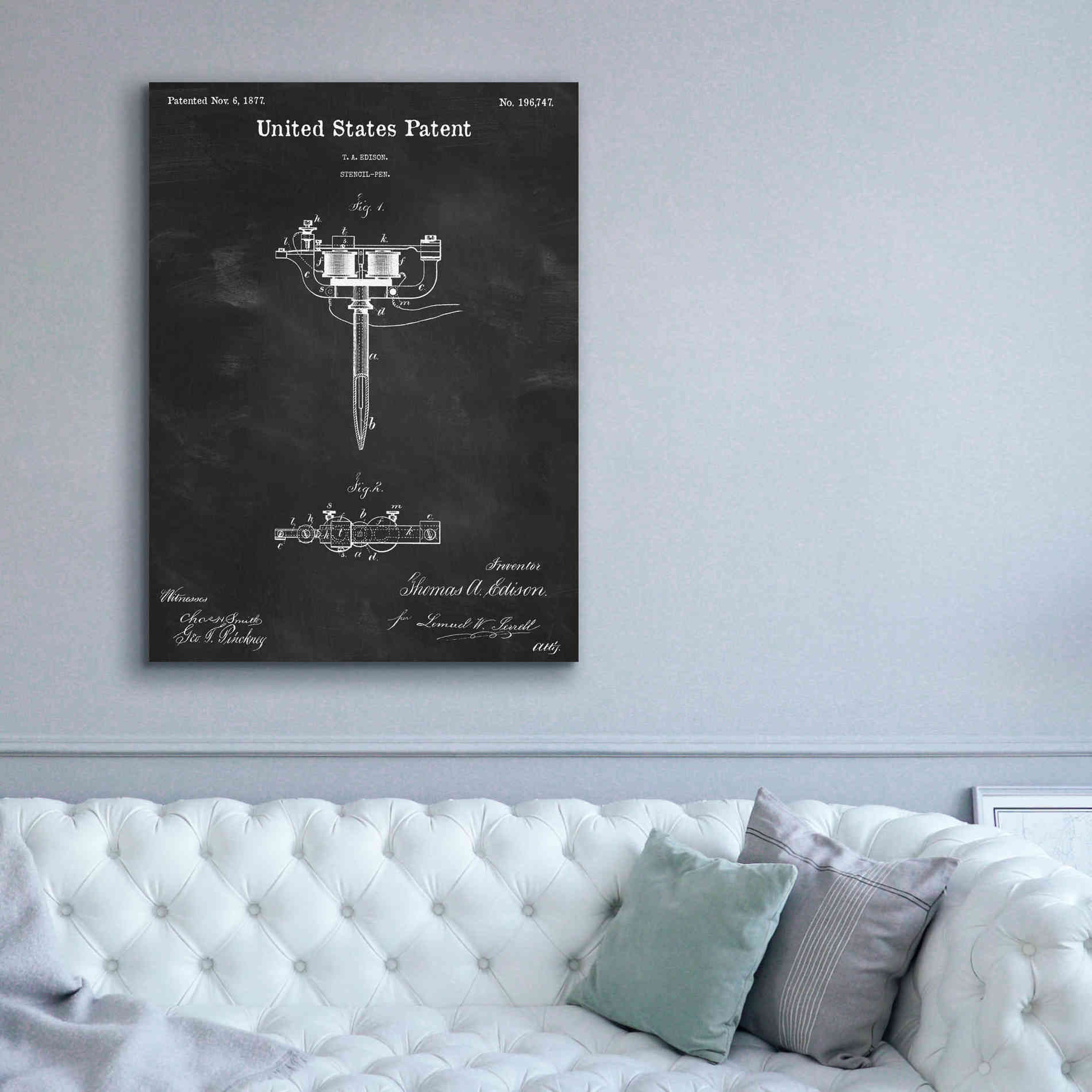 'Tattoo Stencil Pen Blueprint Patent Chalkboard,' Canvas Wall Art,40 x 54
