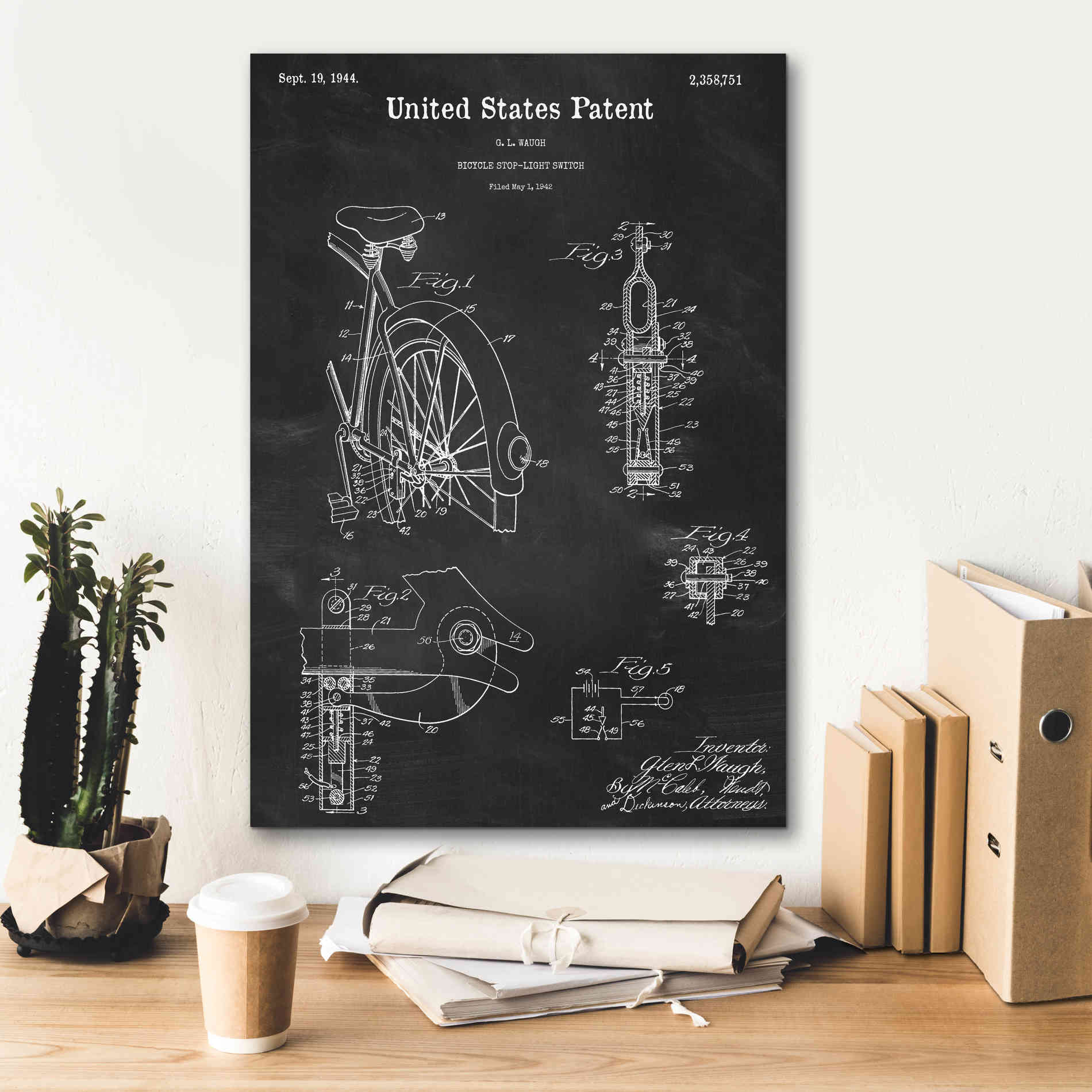 'Bicycle Stop-light Switch Blueprint Patent Chalkboard,' Canvas Wall Art,18 x 26