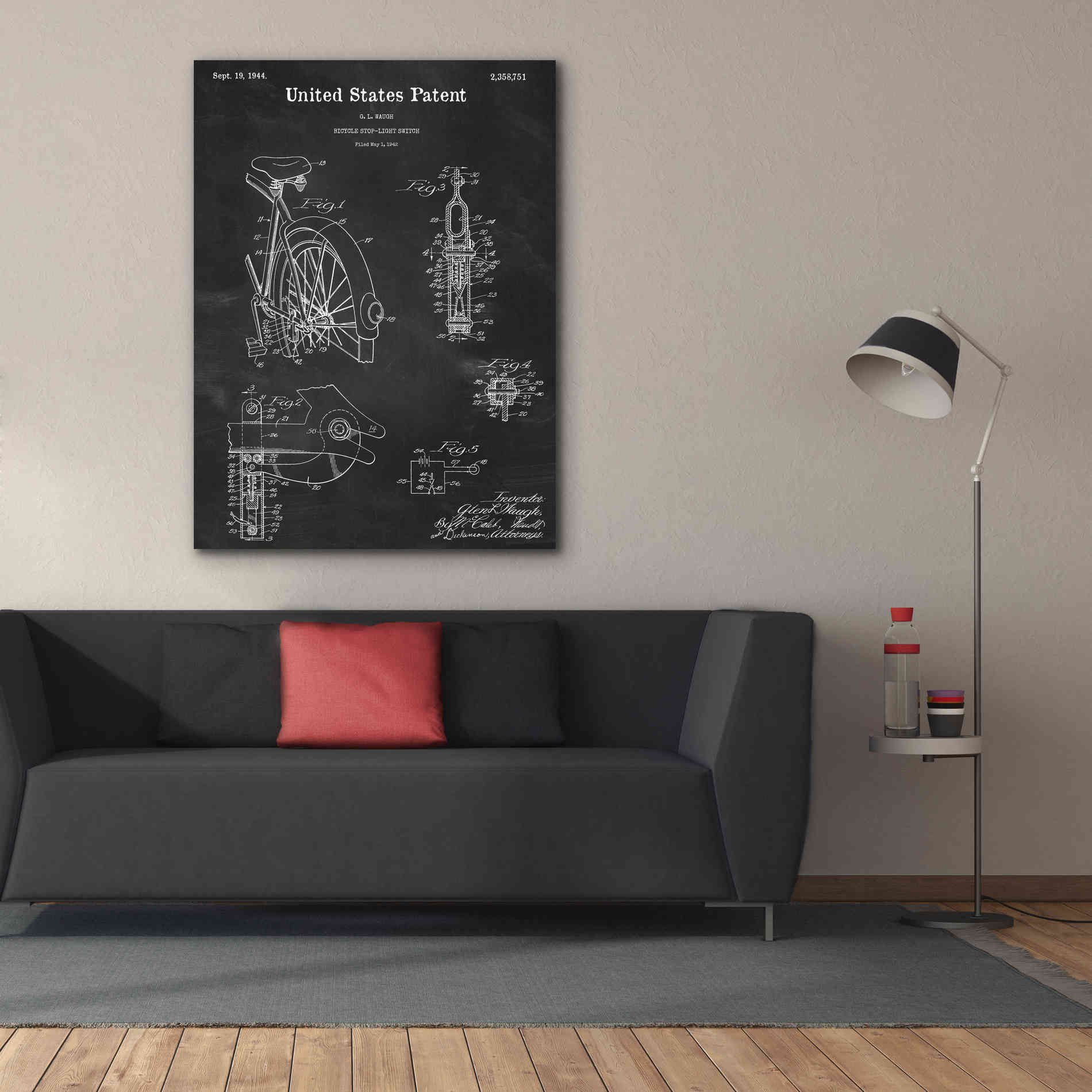 'Bicycle Stop-light Switch Blueprint Patent Chalkboard,' Canvas Wall Art,40 x 54