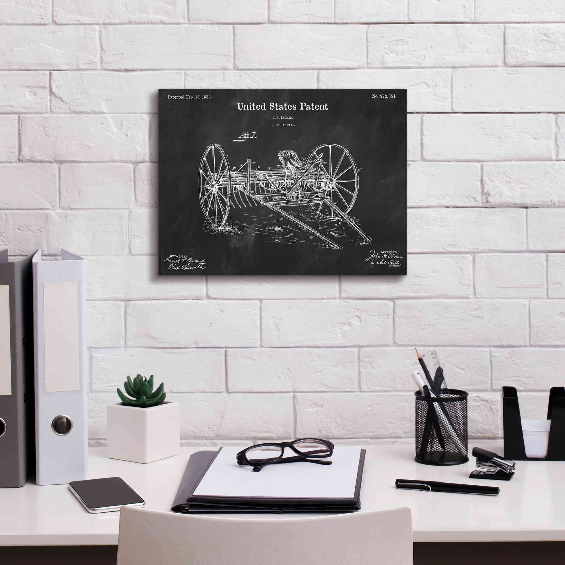 'Horse Drawn Hay Rake Blueprint Patent Chalkboard,' Canvas Wall Art,16 x 12