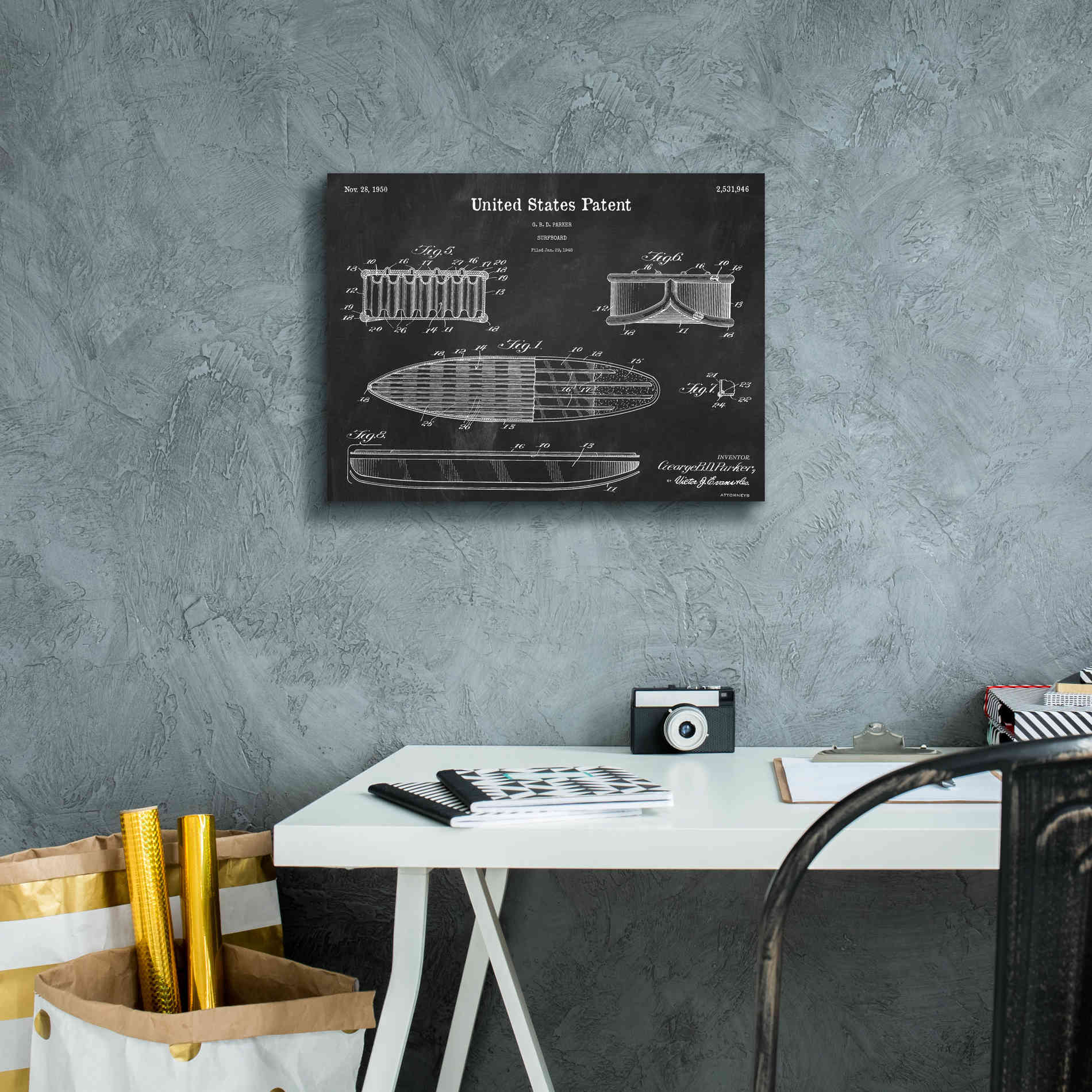 'Surfboard Blueprint Patent Chalkboard,' Canvas Wall Art,16 x 12