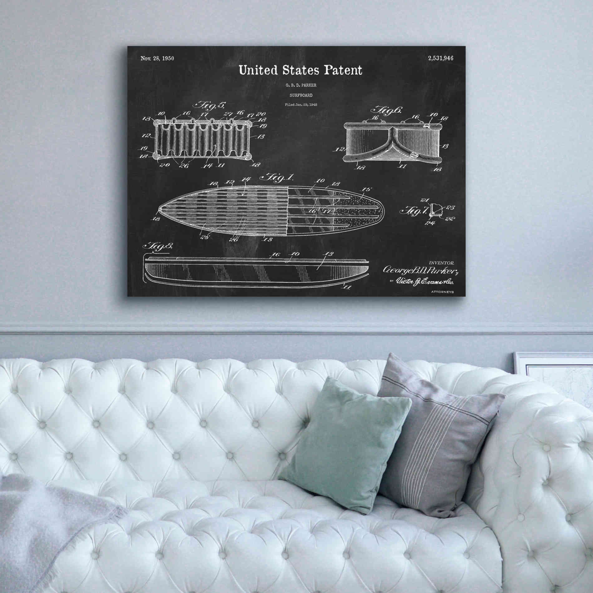 'Surfboard Blueprint Patent Chalkboard,' Canvas Wall Art,54 x 40