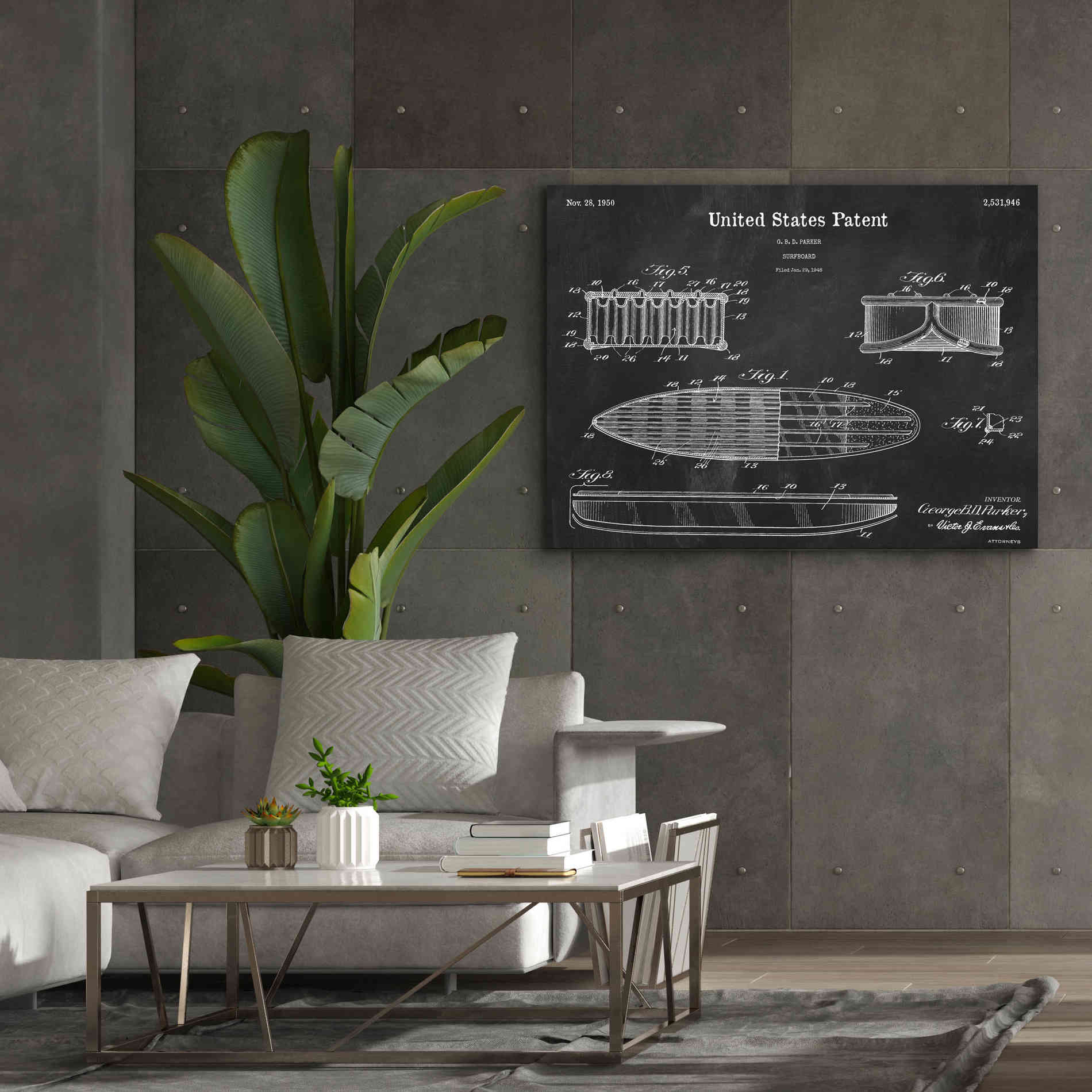 'Surfboard Blueprint Patent Chalkboard,' Canvas Wall Art,54 x 40