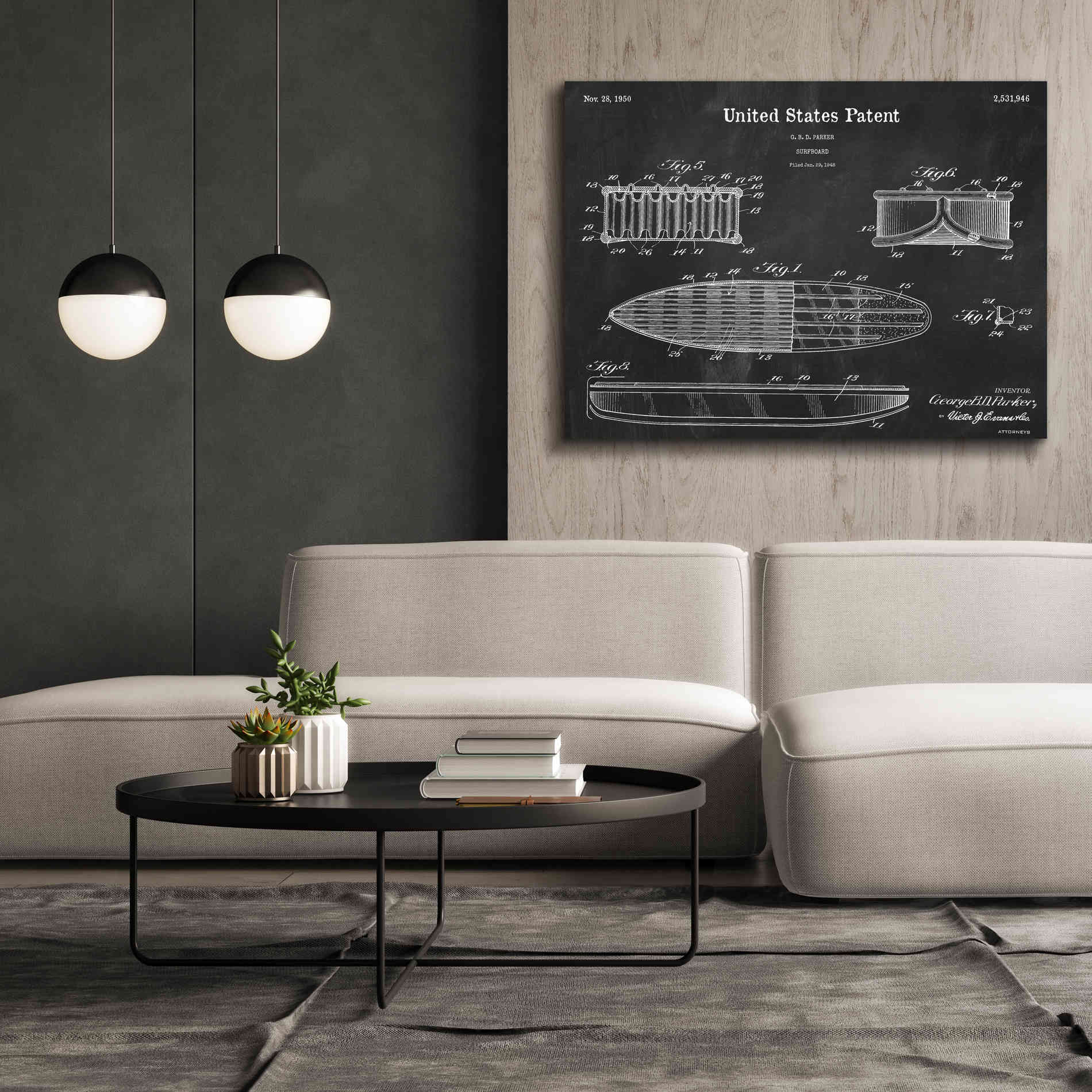 'Surfboard Blueprint Patent Chalkboard,' Canvas Wall Art,54 x 40