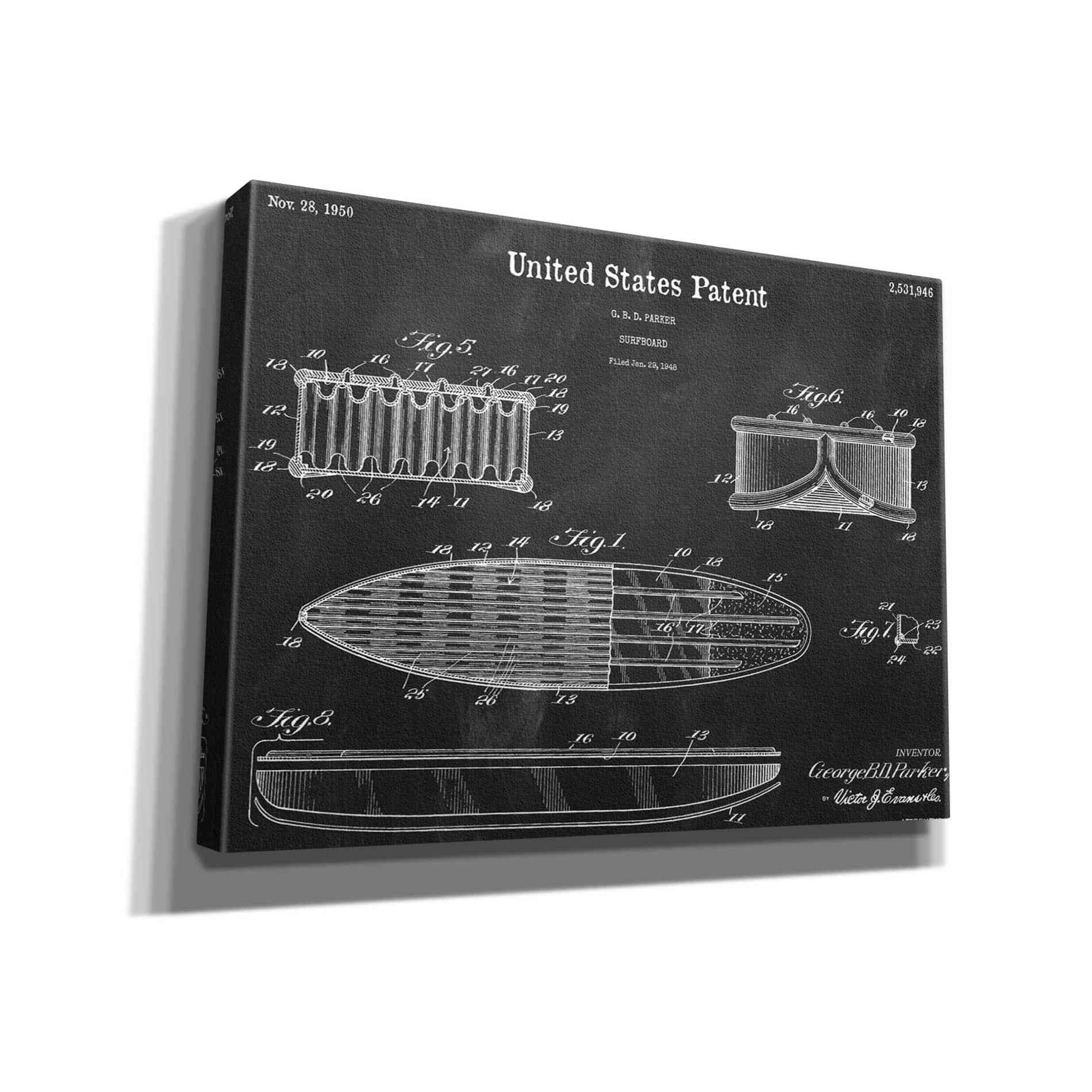 'Surfboard Blueprint Patent Chalkboard,' Canvas Wall Art,16x12x1.1x0,26x18x1.1x0,34x26x1.74x0,54x40x1.74x0