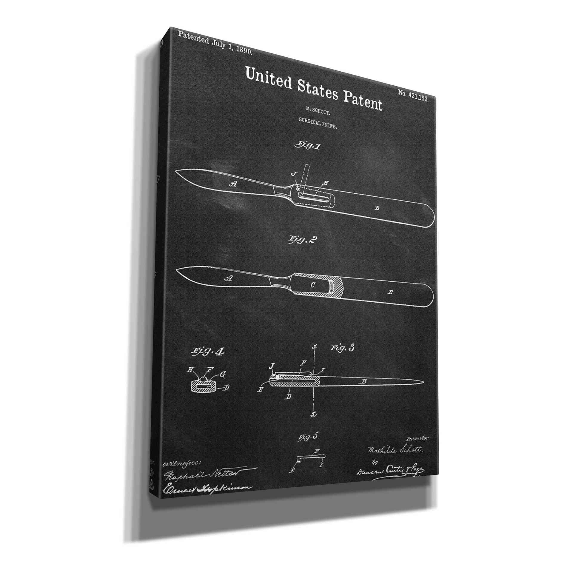 'Surgical Knife Blueprint Patent Chalkboard,' Canvas Wall Art,12x16x1.1x0,18x26x1.1x0,26x34x1.74x0,40x54x1.74x0