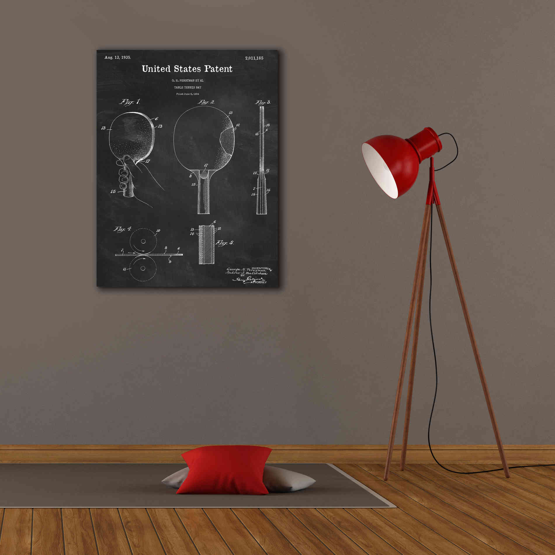 'Table Tennis Paddle Blueprint Patent Chalkboard,' Canvas Wall Art,26 x 34