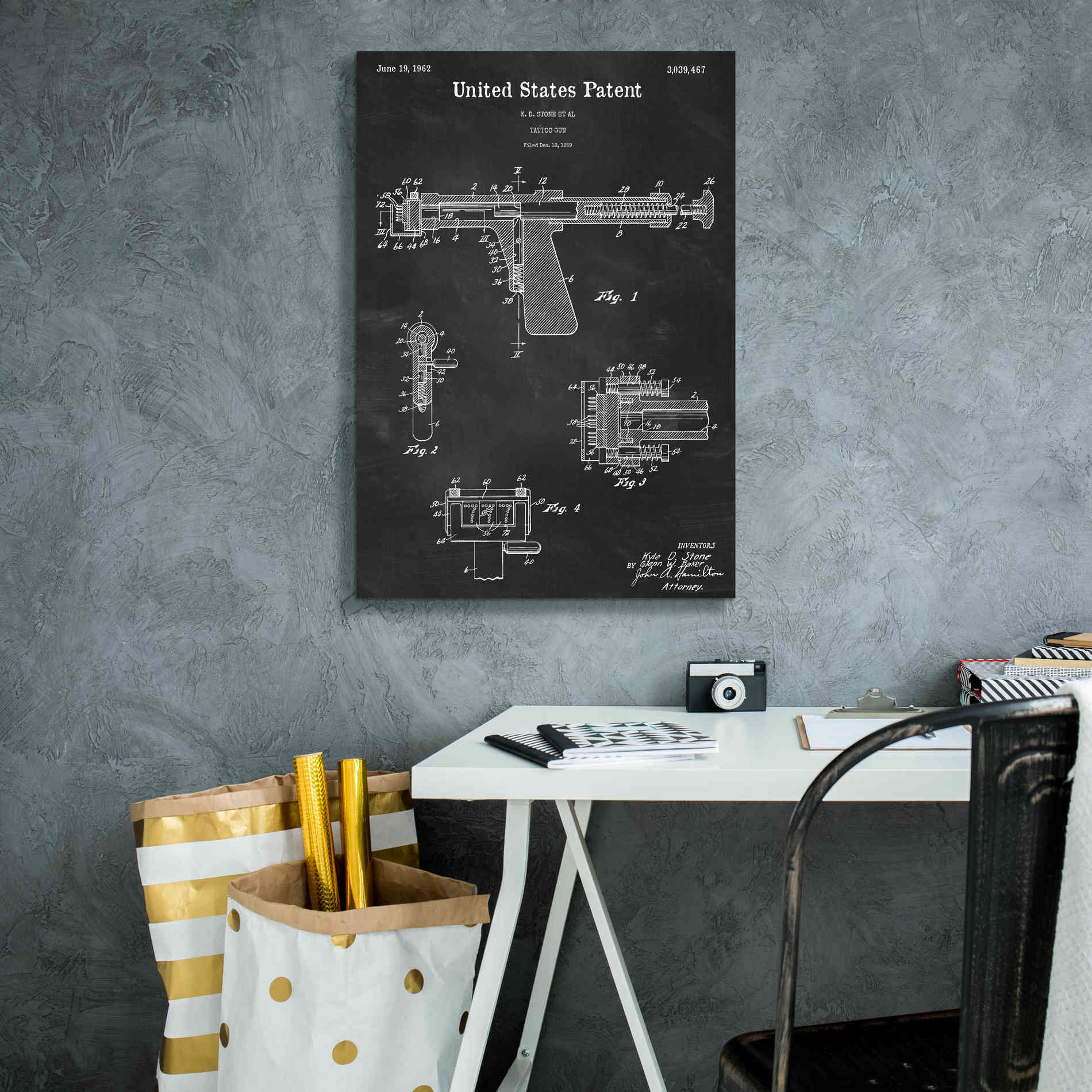 'Tattoo Gun Blueprint Patent Chalkboard,' Canvas Wall Art,18 x 26