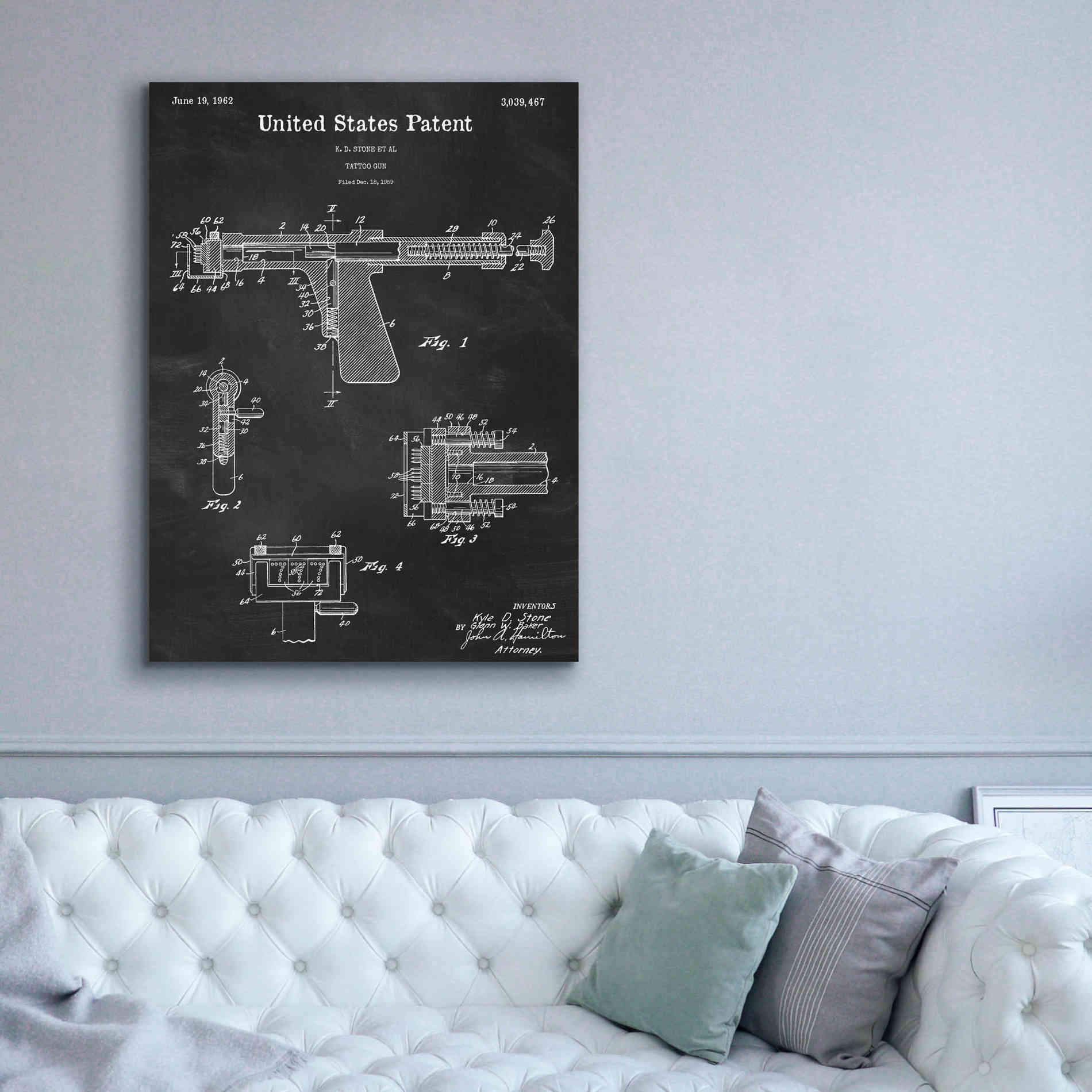 'Tattoo Gun Blueprint Patent Chalkboard,' Canvas Wall Art,40 x 54