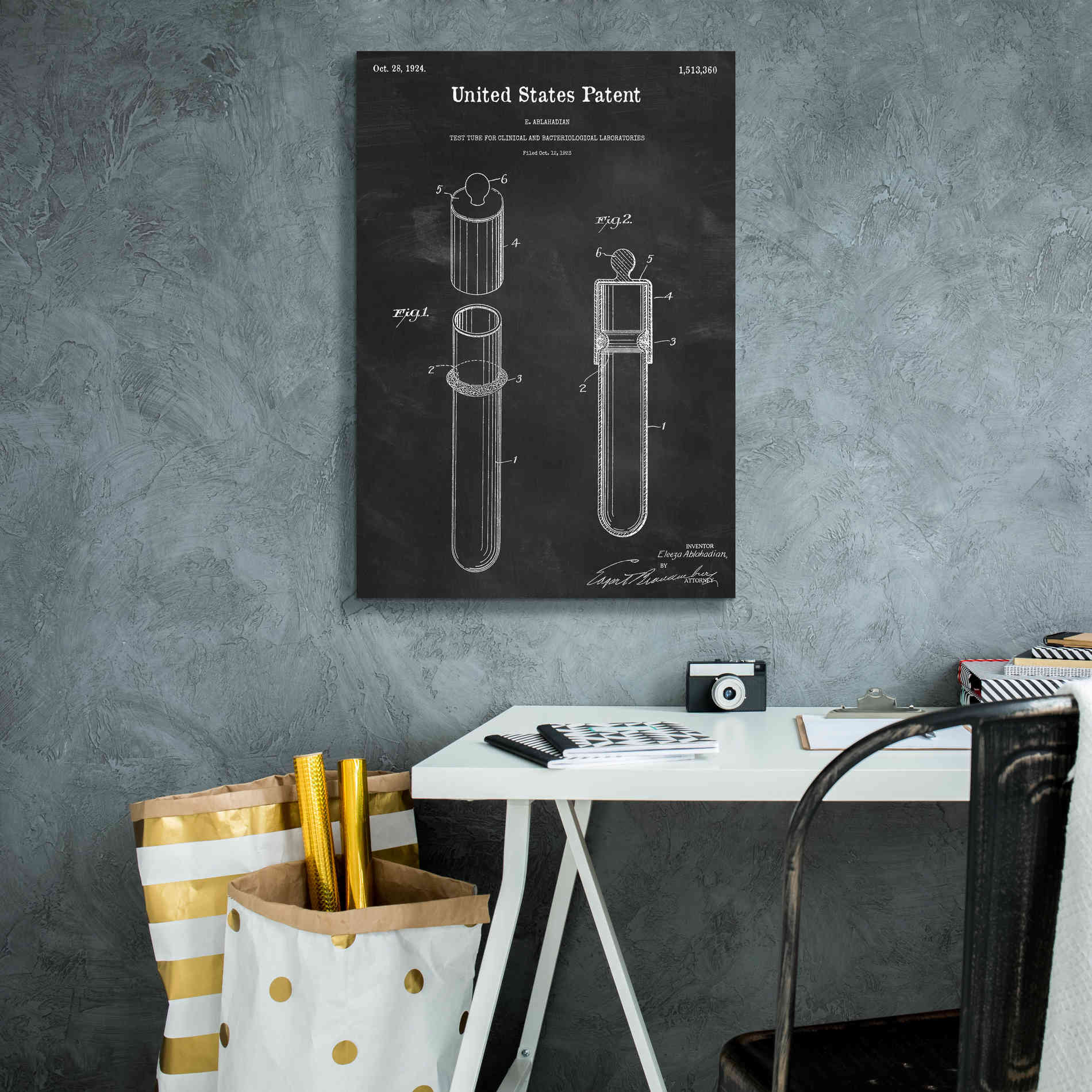 'Test Tube Blueprint Patent Chalkboard,' Canvas Wall Art,18 x 26