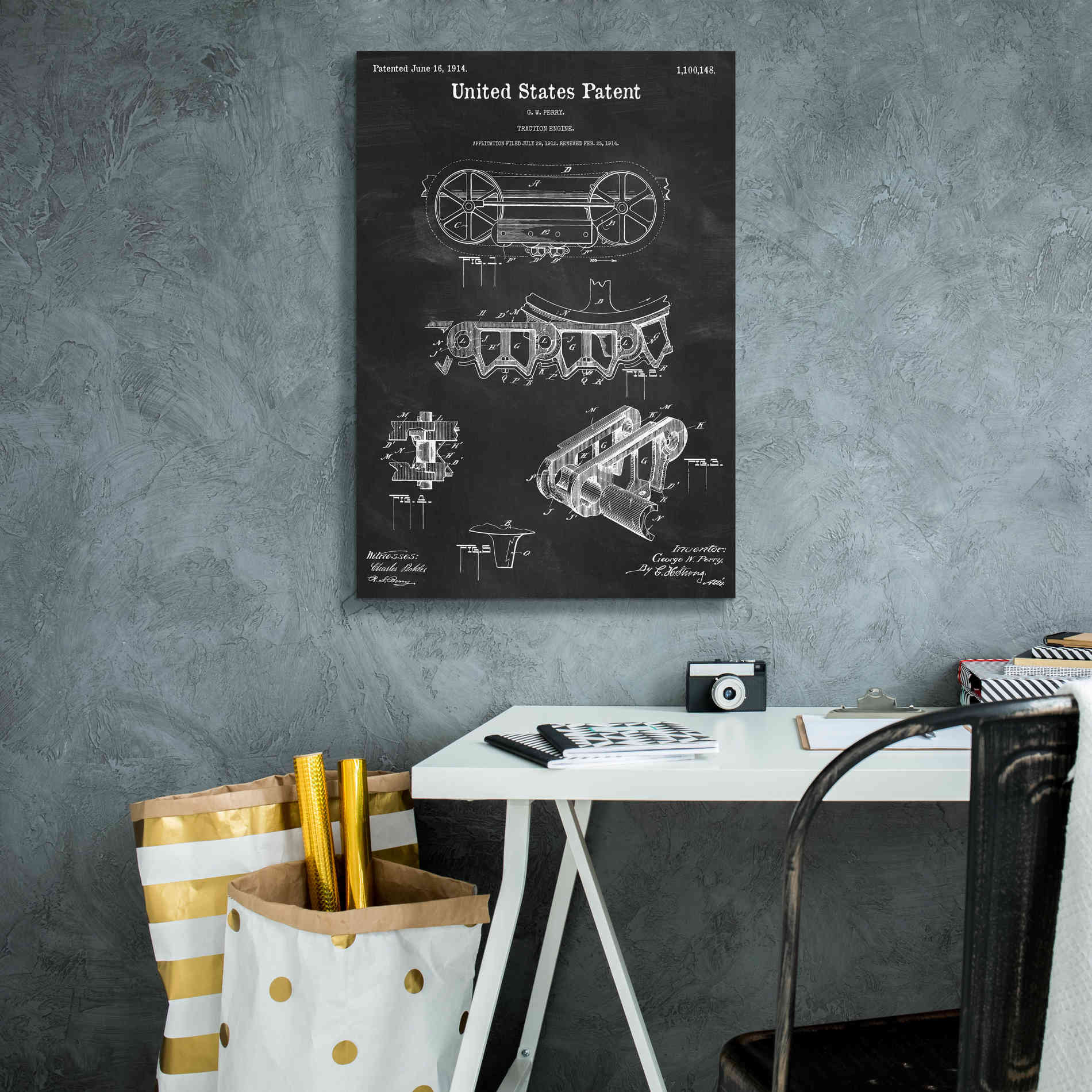 'Traction Engine Blueprint Patent Chalkboard,' Canvas Wall Art,18 x 26