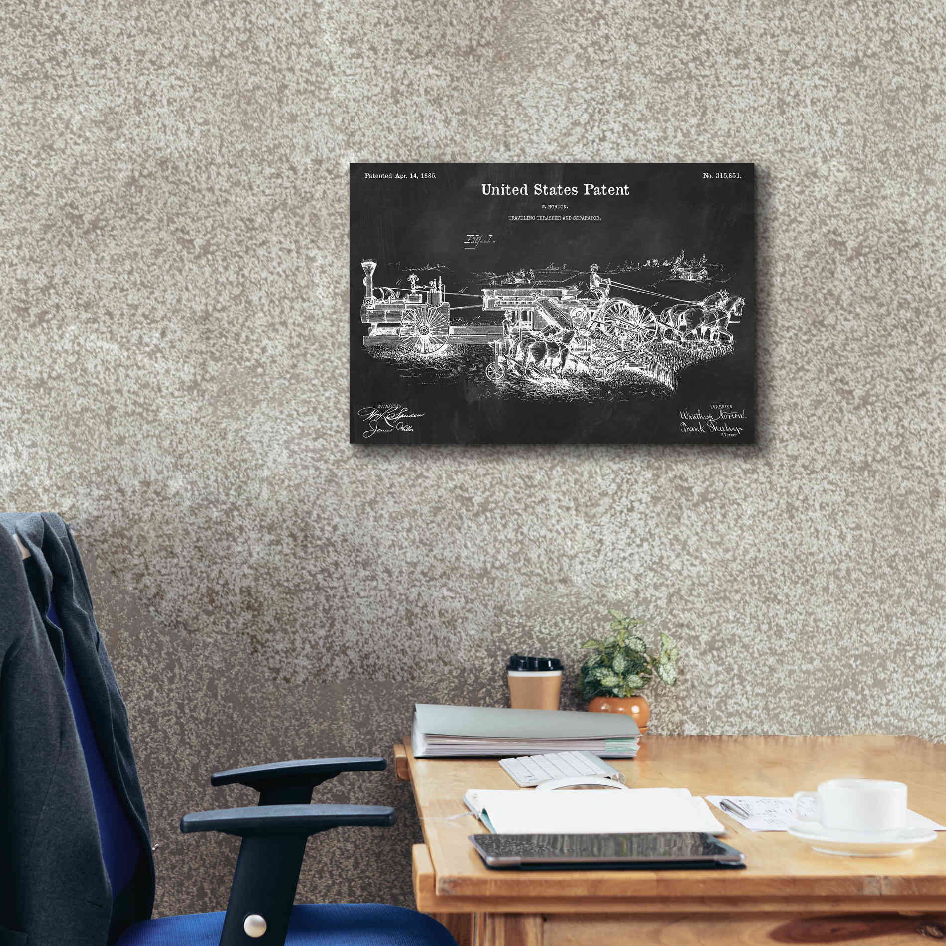 'Traveling Thrasher Blueprint Patent Chalkboard,' Canvas Wall Art,26 x 18