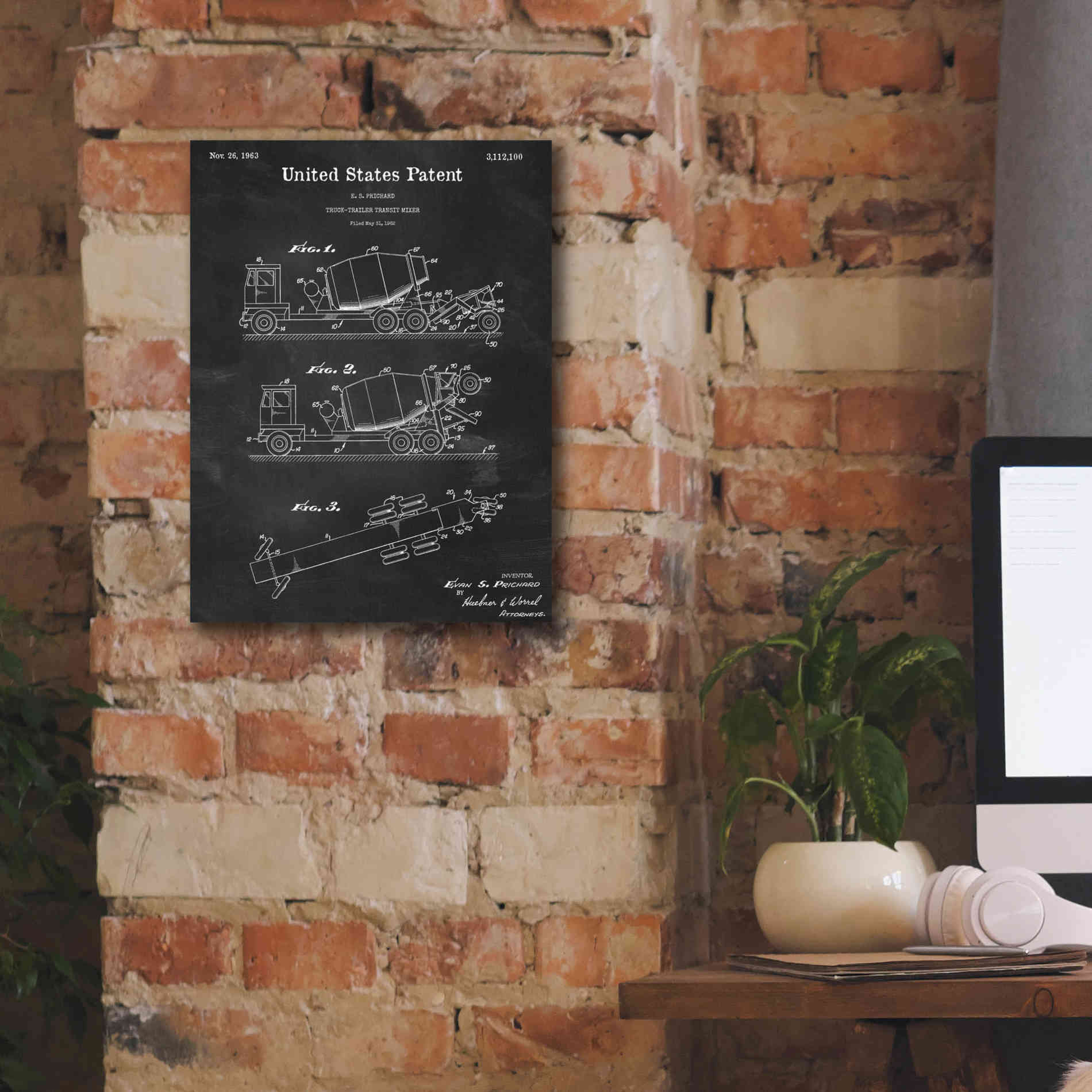 'Truck Trailer Transit Mixer Blueprint Patent Chalkboard,' Canvas Wall Art,12 x 16