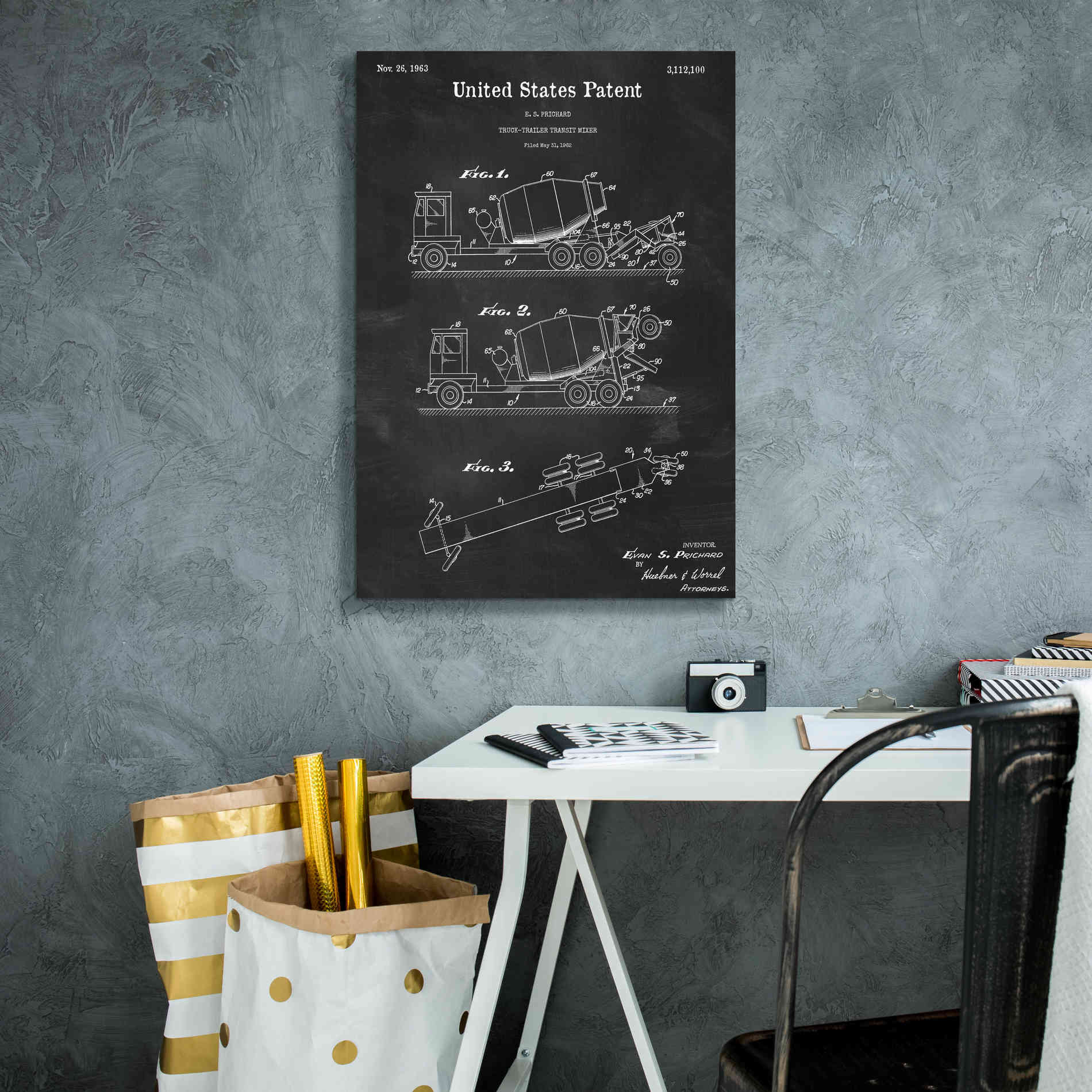 'Truck Trailer Transit Mixer Blueprint Patent Chalkboard,' Canvas Wall Art,18 x 26