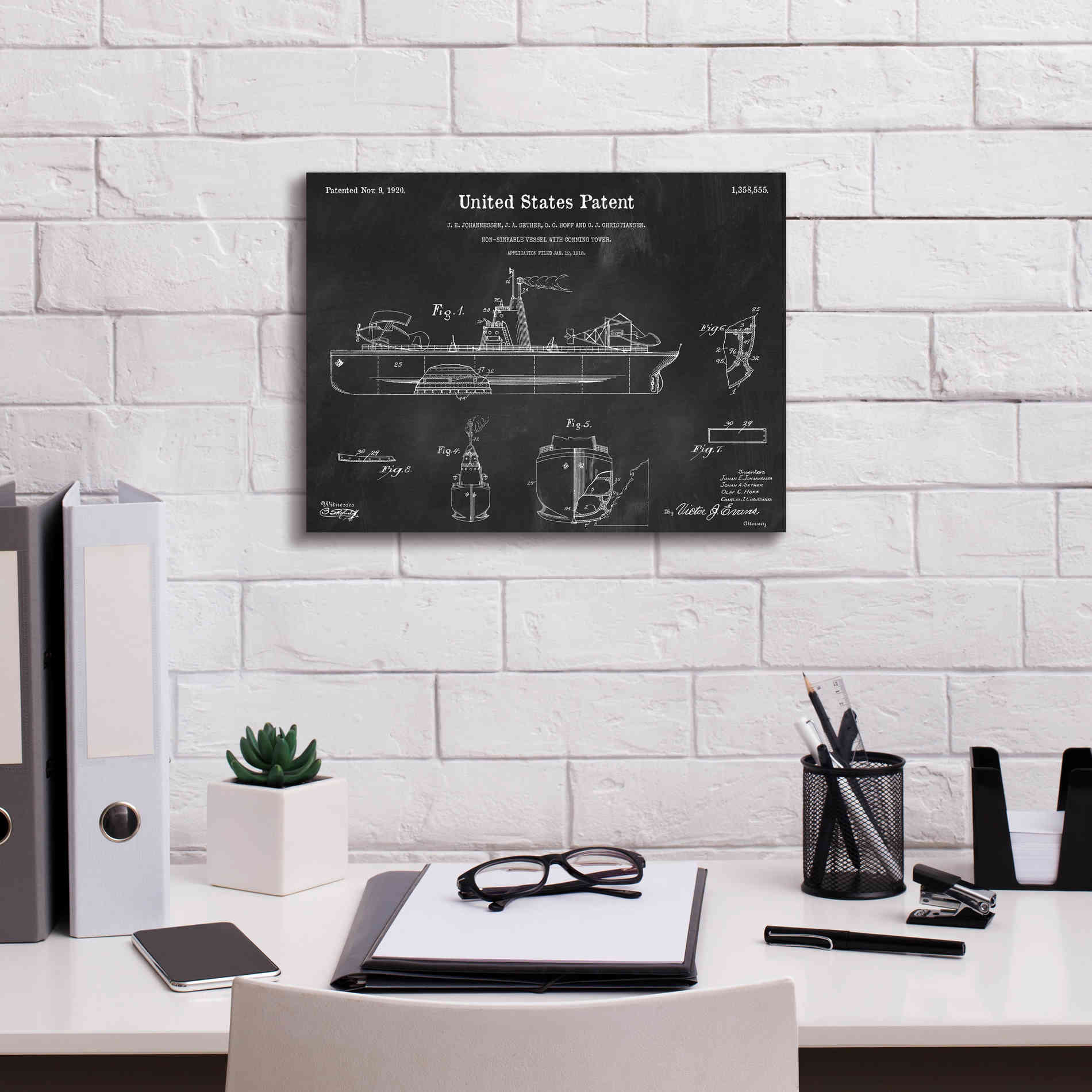 'Non-Sinkable Vessel Blueprint Patent Chalkboard,' Canvas Wall Art,16 x 12