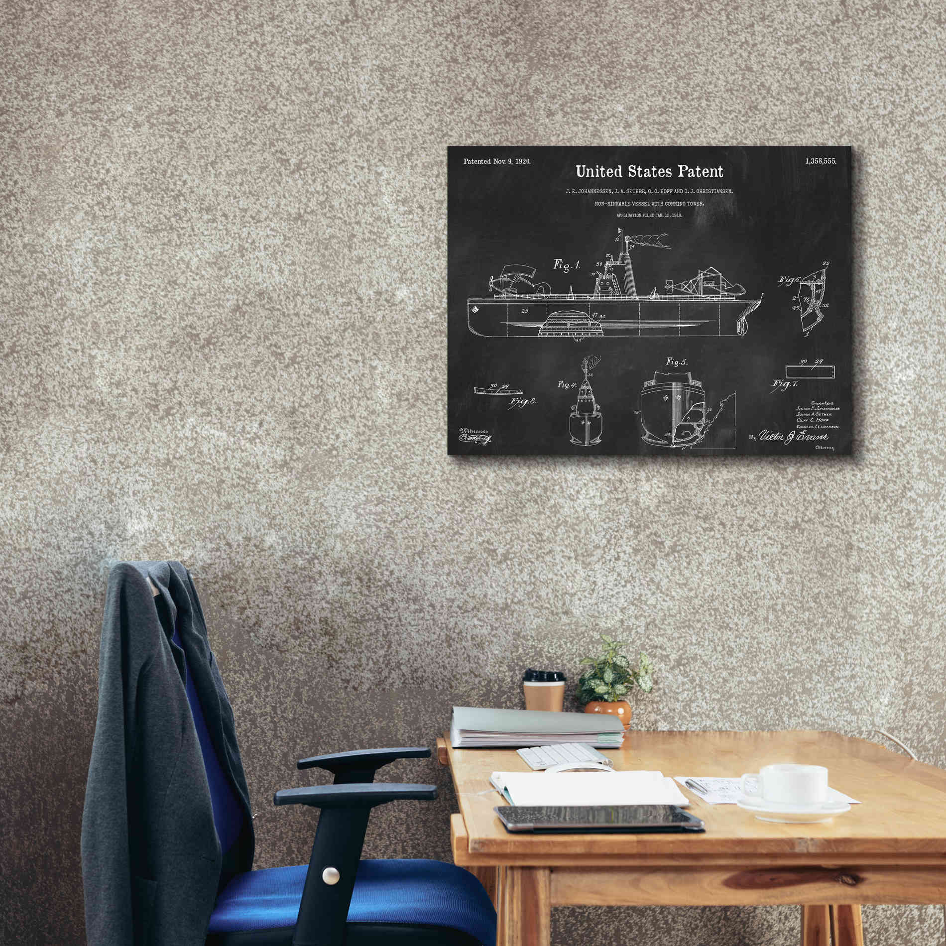 'Non-Sinkable Vessel Blueprint Patent Chalkboard,' Canvas Wall Art,34 x 26