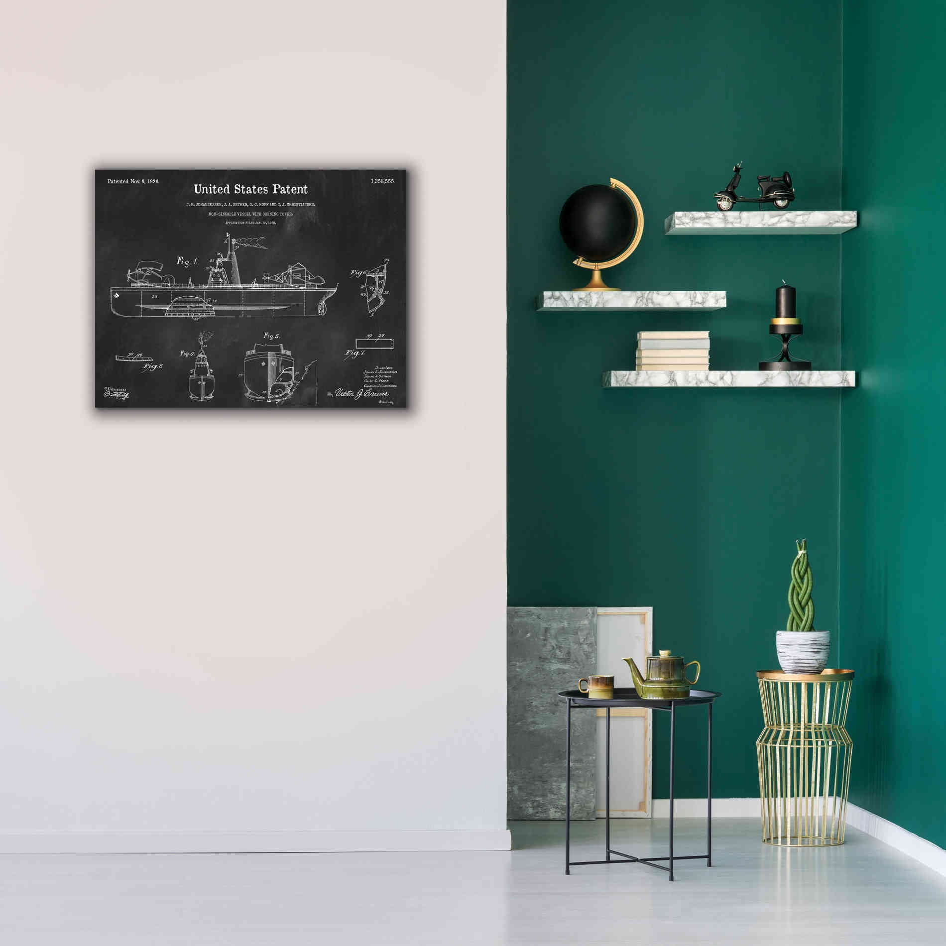 'Non-Sinkable Vessel Blueprint Patent Chalkboard,' Canvas Wall Art,34 x 26