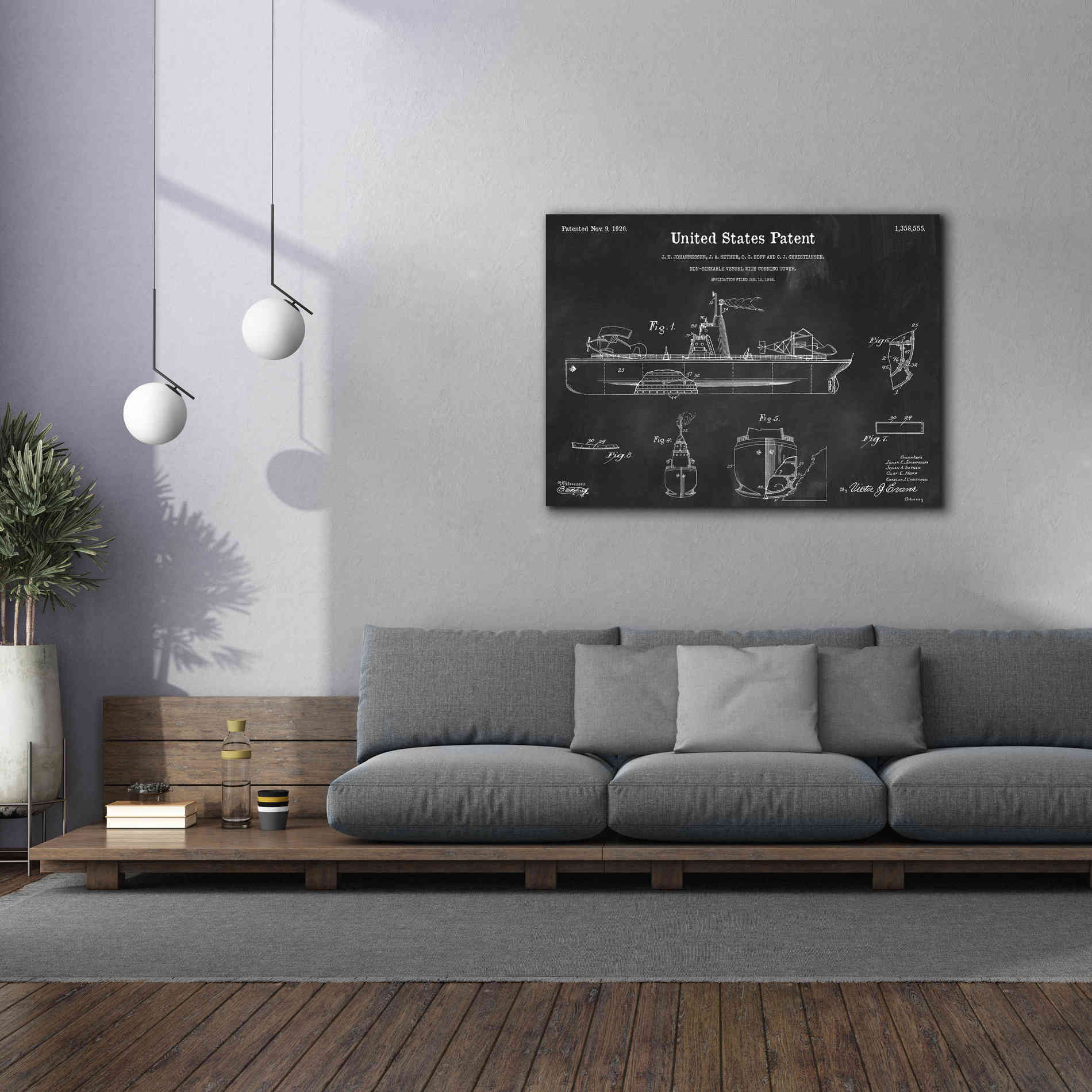 'Non-Sinkable Vessel Blueprint Patent Chalkboard,' Canvas Wall Art,54 x 40