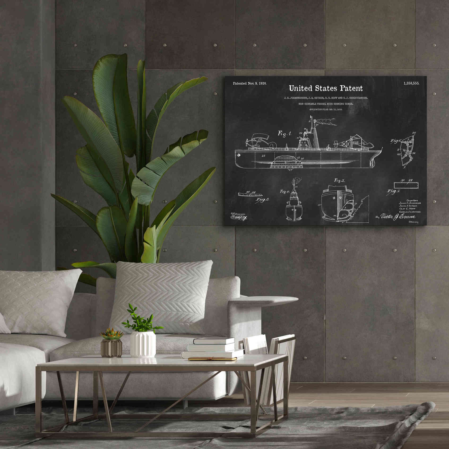 'Non-Sinkable Vessel Blueprint Patent Chalkboard,' Canvas Wall Art,54 x 40