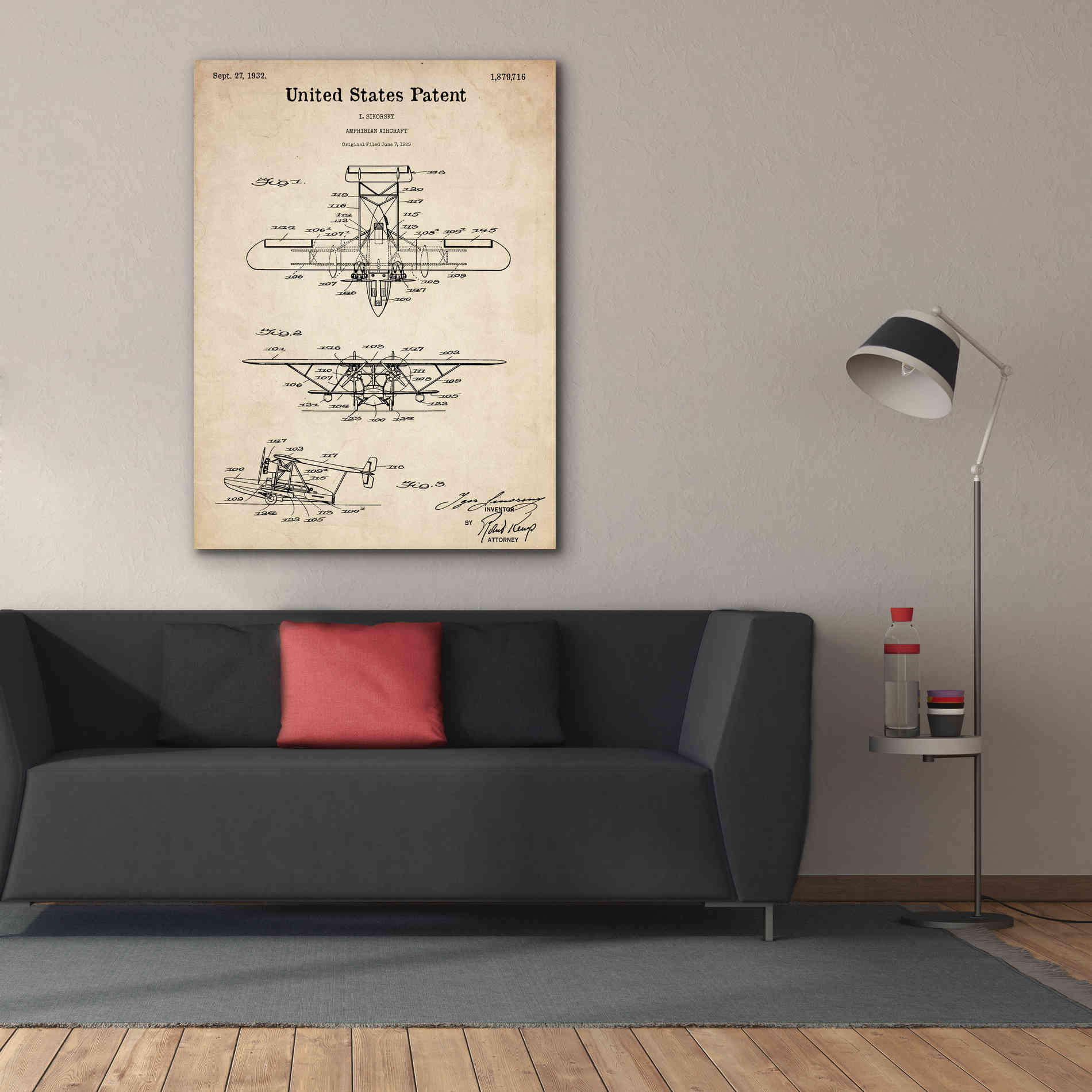 'Amphibian Aircraft Blueprint Patent Parchment,' Canvas Wall Art,40 x 54
