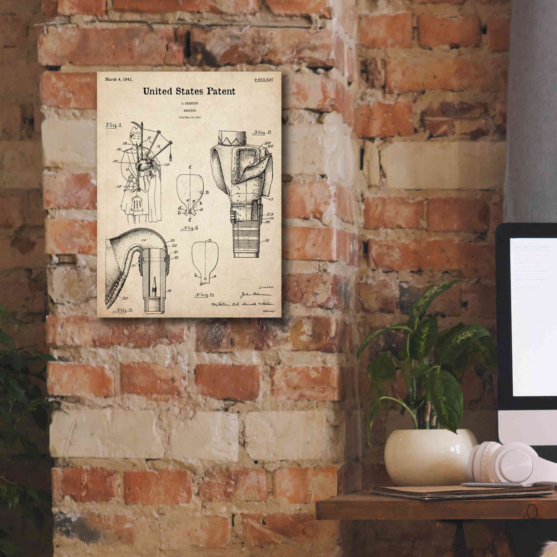 'Bagpipe Blueprint Patent Parchment,' Canvas Wall Art,12 x 16