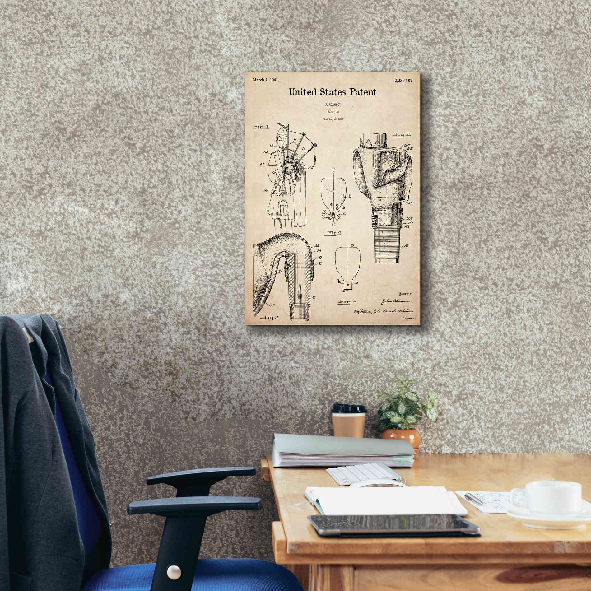 'Bagpipe Blueprint Patent Parchment,' Canvas Wall Art,18 x 26