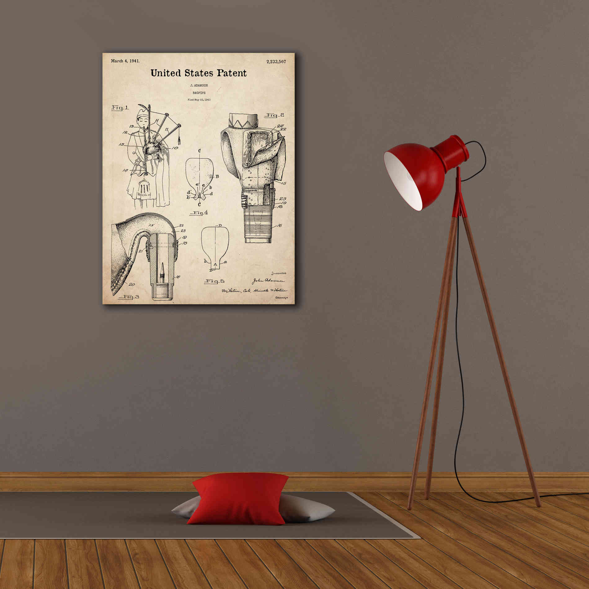 'Bagpipe Blueprint Patent Parchment,' Canvas Wall Art,26 x 34