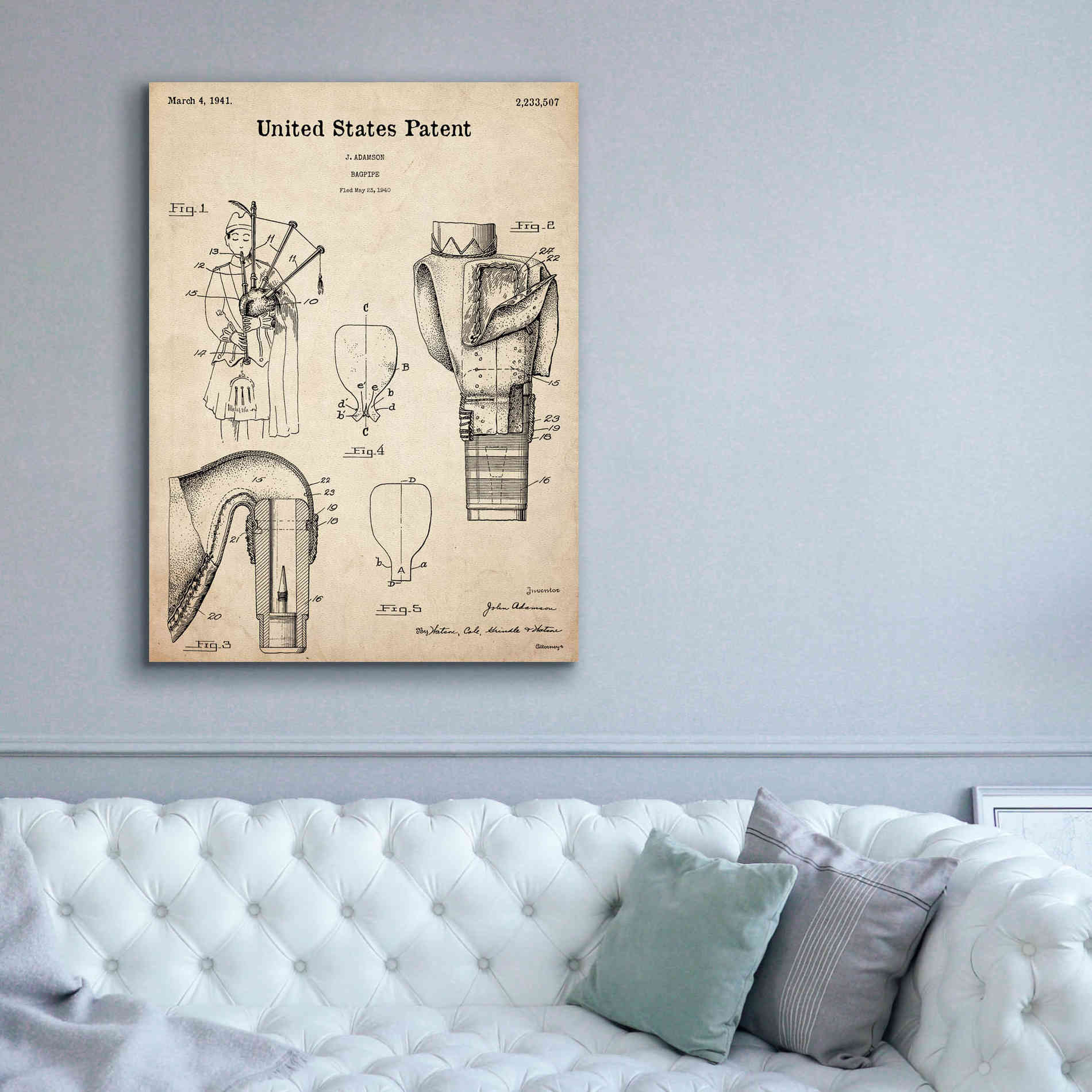 'Bagpipe Blueprint Patent Parchment,' Canvas Wall Art,40 x 54