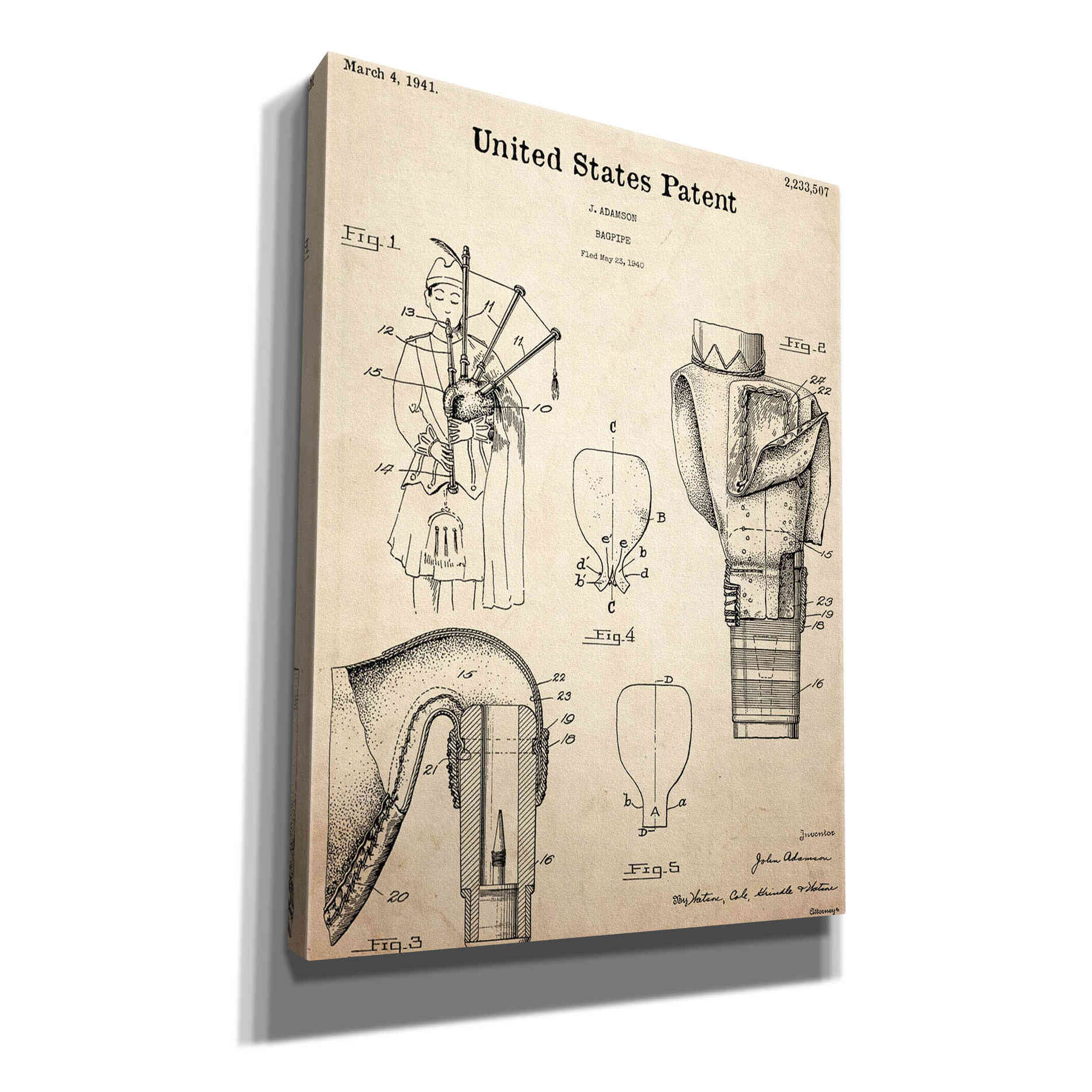 'Bagpipe Blueprint Patent Parchment,' Canvas Wall Art,12x16x1.1x0,18x26x1.1x0,26x34x1.74x0,40x54x1.74x0