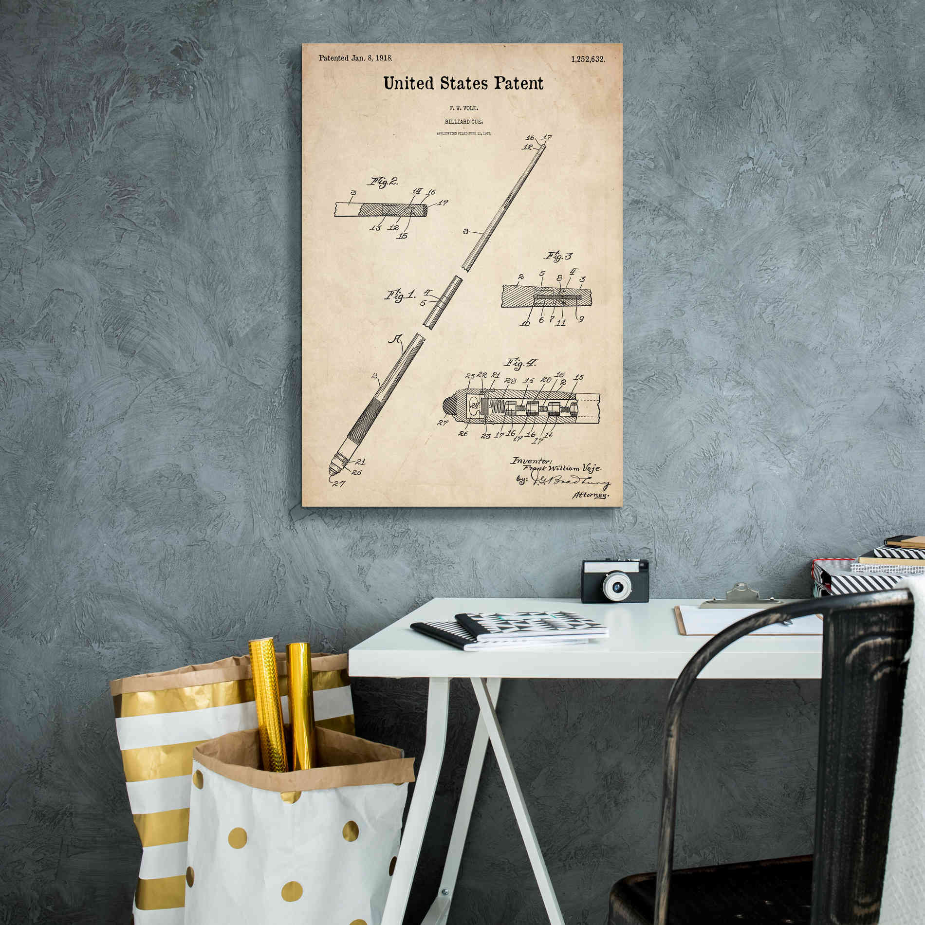'Billard Cue Blueprint Patent Parchment,' Canvas Wall Art,18 x 26