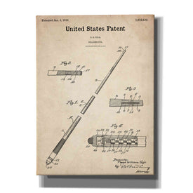 'Billard Cue Blueprint Patent Parchment,' Canvas Wall Art,12x16x1.1x0,18x26x1.1x0,26x34x1.74x0,40x54x1.74x0