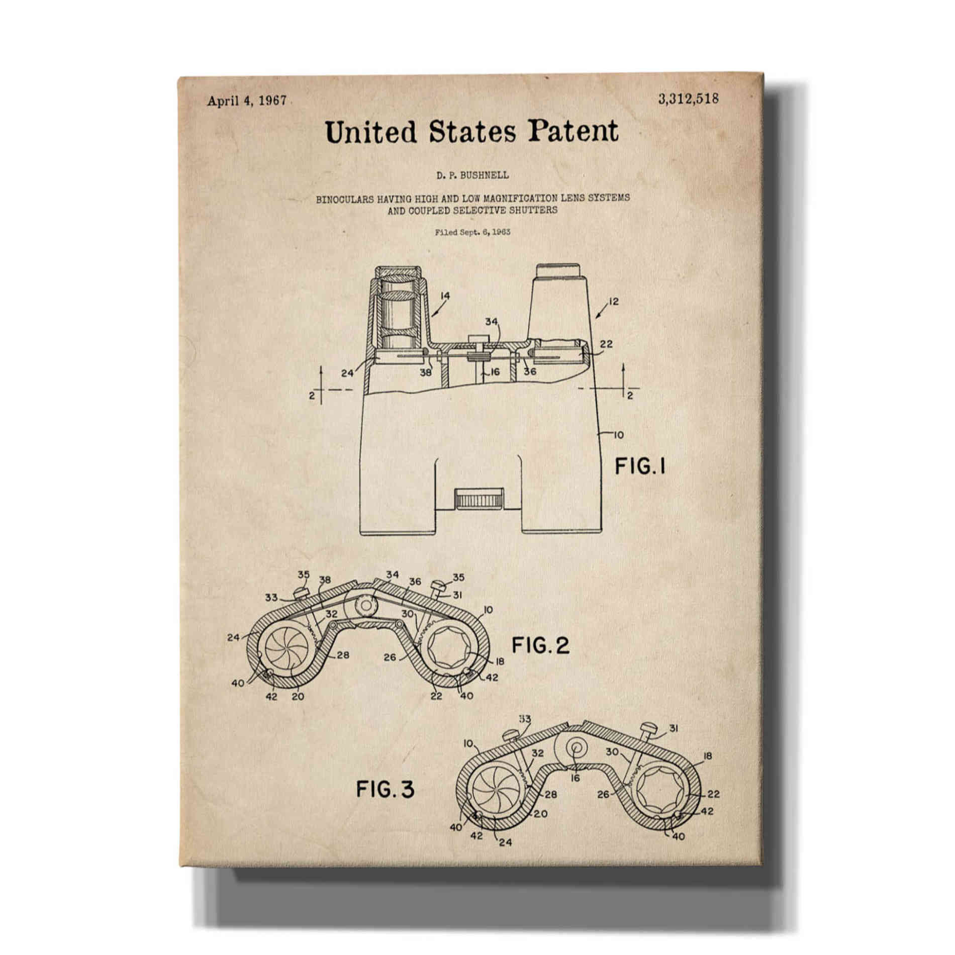 'Binoculars Blueprint Patent Parchment,' Canvas Wall Art,12x16x1.1x0,18x26x1.1x0,26x34x1.74x0,40x54x1.74x0