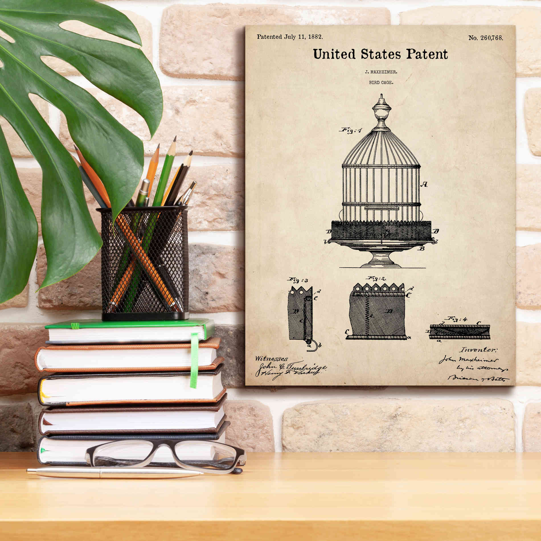 'Bird Cage Blueprint Patent Parchment,' Canvas Wall Art,12 x 16