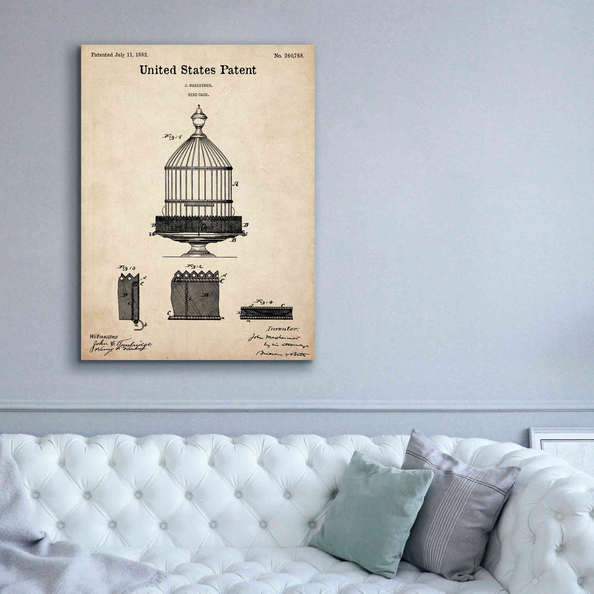 'Bird Cage Blueprint Patent Parchment,' Canvas Wall Art,40 x 54