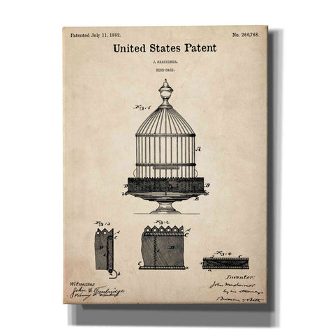Image of 'Bird Cage Blueprint Patent Parchment,' Canvas Wall Art,12x16x1.1x0,18x26x1.1x0,26x34x1.74x0,40x54x1.74x0