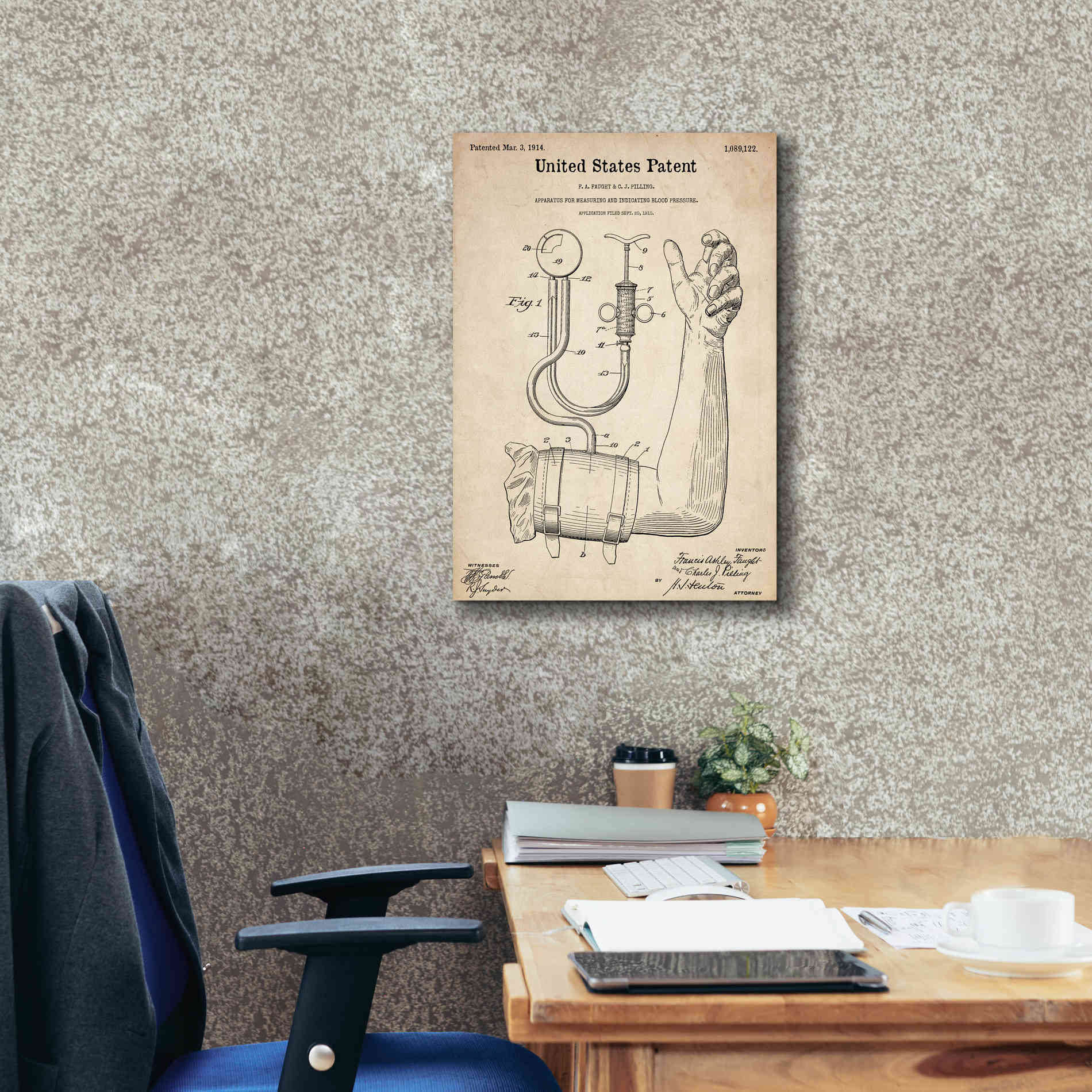 'Blood Pressure Pump Blueprint Patent Parchment,' Canvas Wall Art,18 x 26