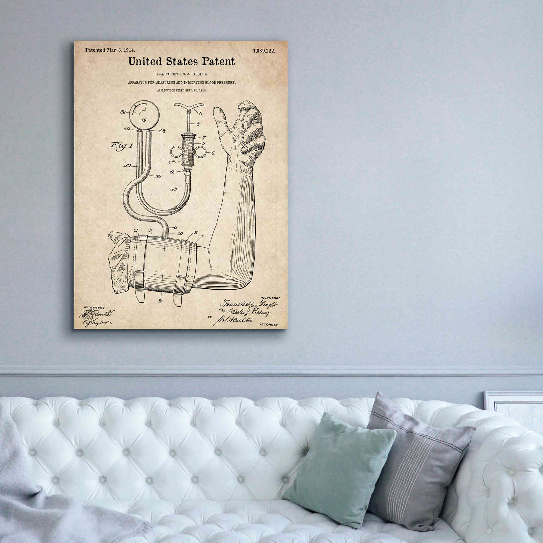 'Blood Pressure Pump Blueprint Patent Parchment,' Canvas Wall Art,40 x 54