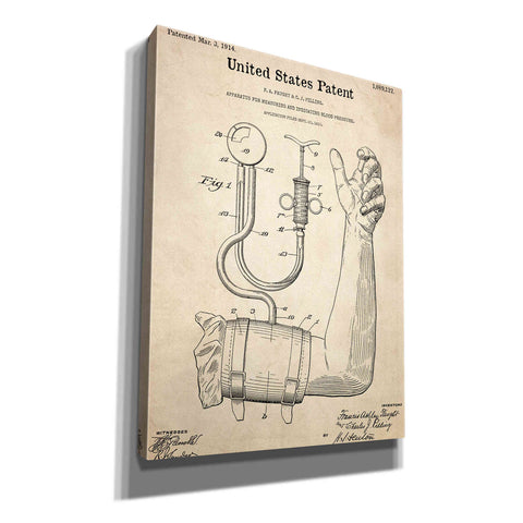 Image of 'Blood Pressure Pump Blueprint Patent Parchment,' Canvas Wall Art,12x16x1.1x0,18x26x1.1x0,26x34x1.74x0,40x54x1.74x0