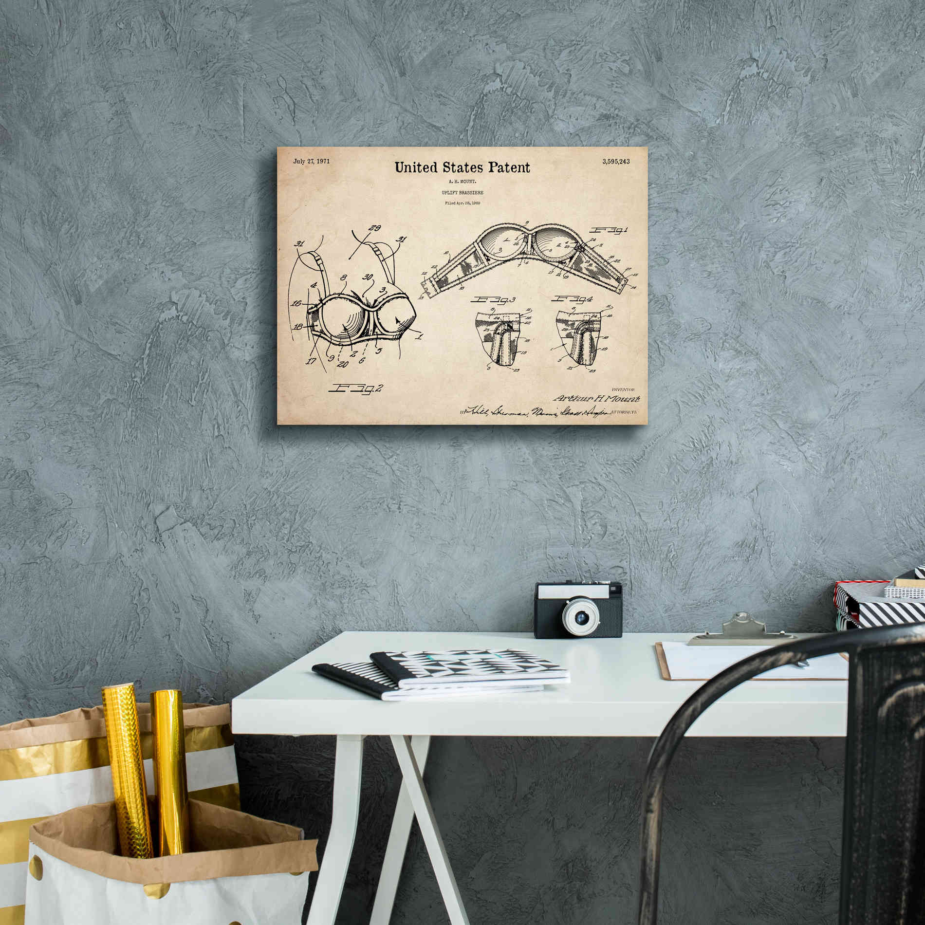 'Push-up Bra Blueprint Patent Parchment,' Canvas Wall Art,16 x 12