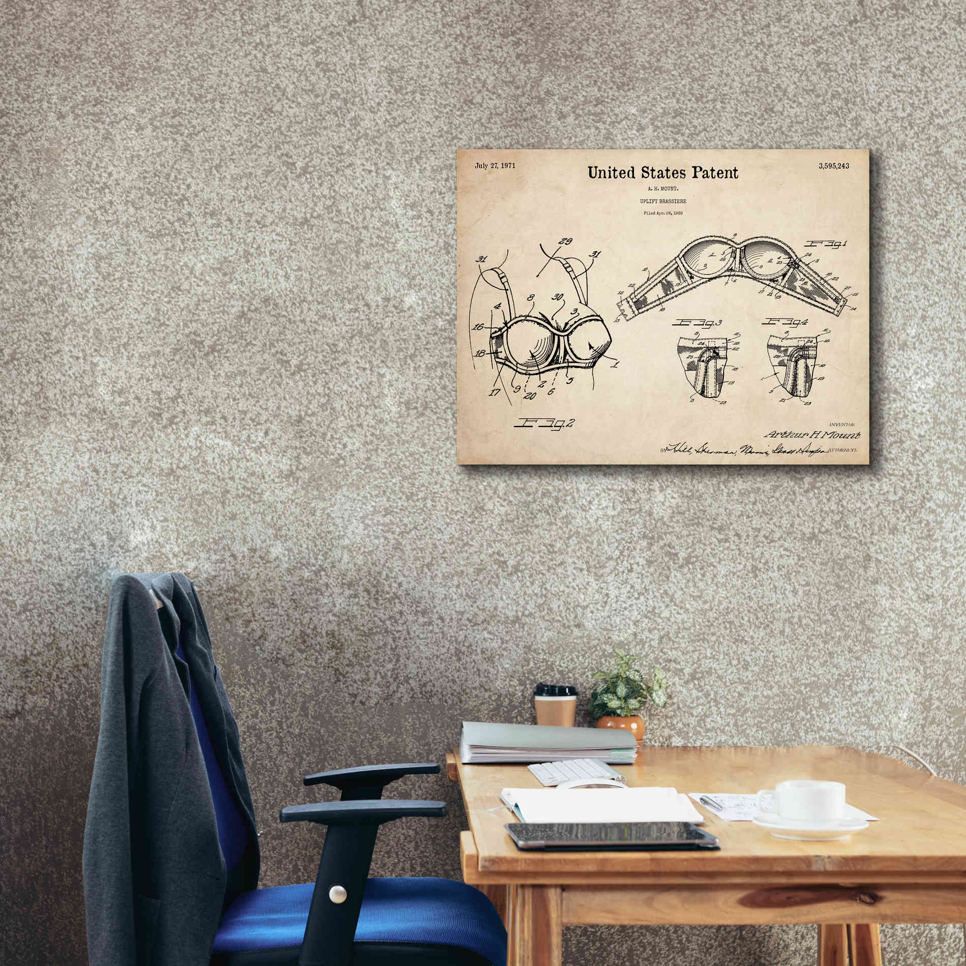 'Push-up Bra Blueprint Patent Parchment,' Canvas Wall Art,34 x 26